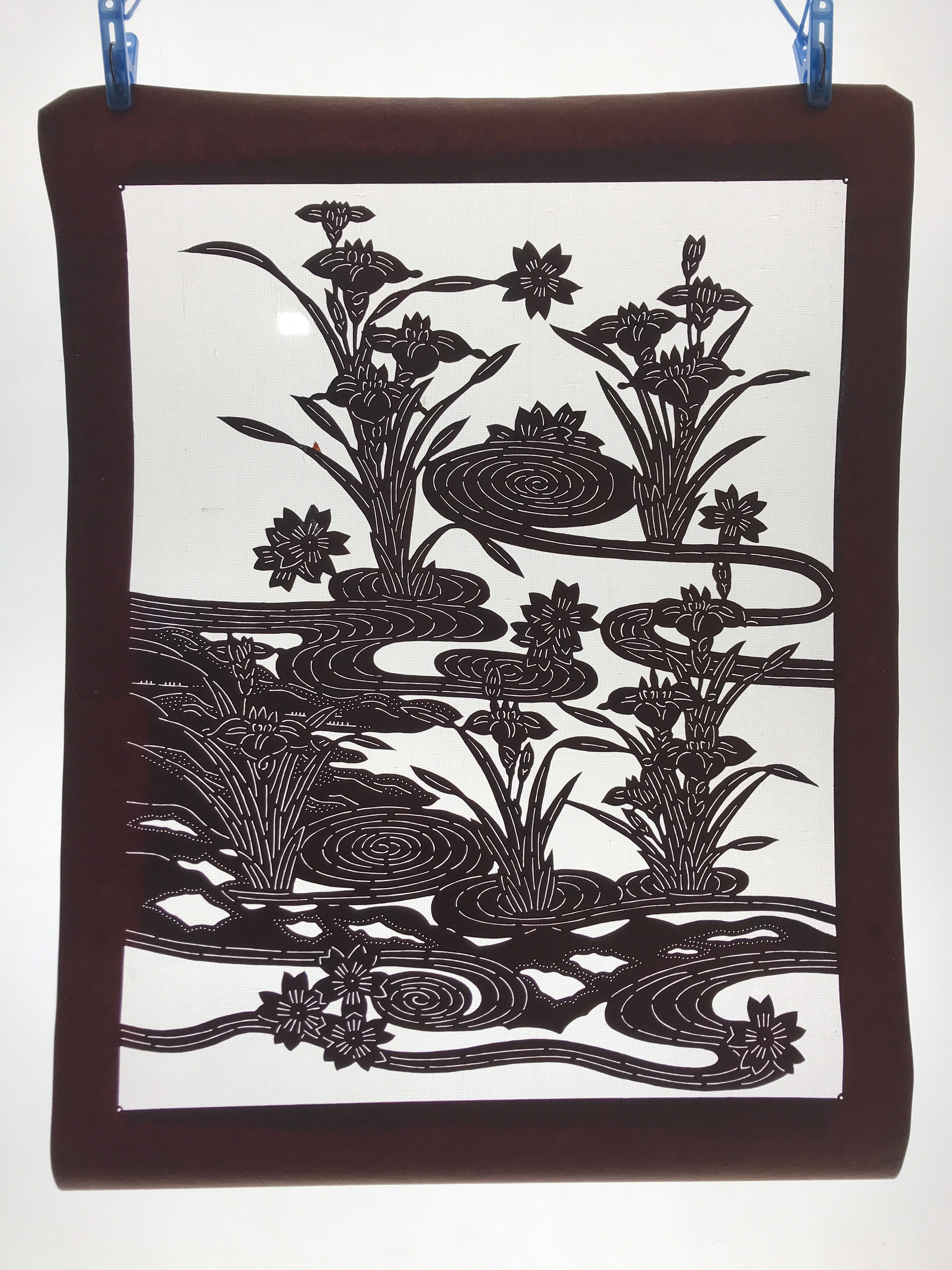 Antique Japanese Katagami Kimono Paper Stencil Cherry Blossom Iris Pond 4Y462