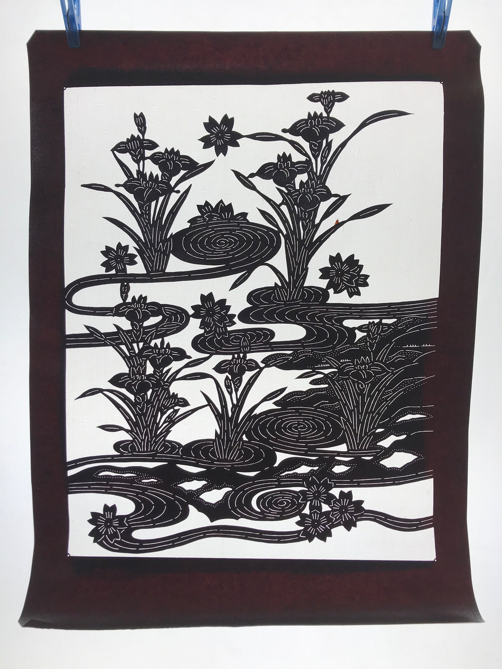 Antique Japanese Katagami Kimono Paper Stencil Cherry Blossom Iris Pond 4Y462