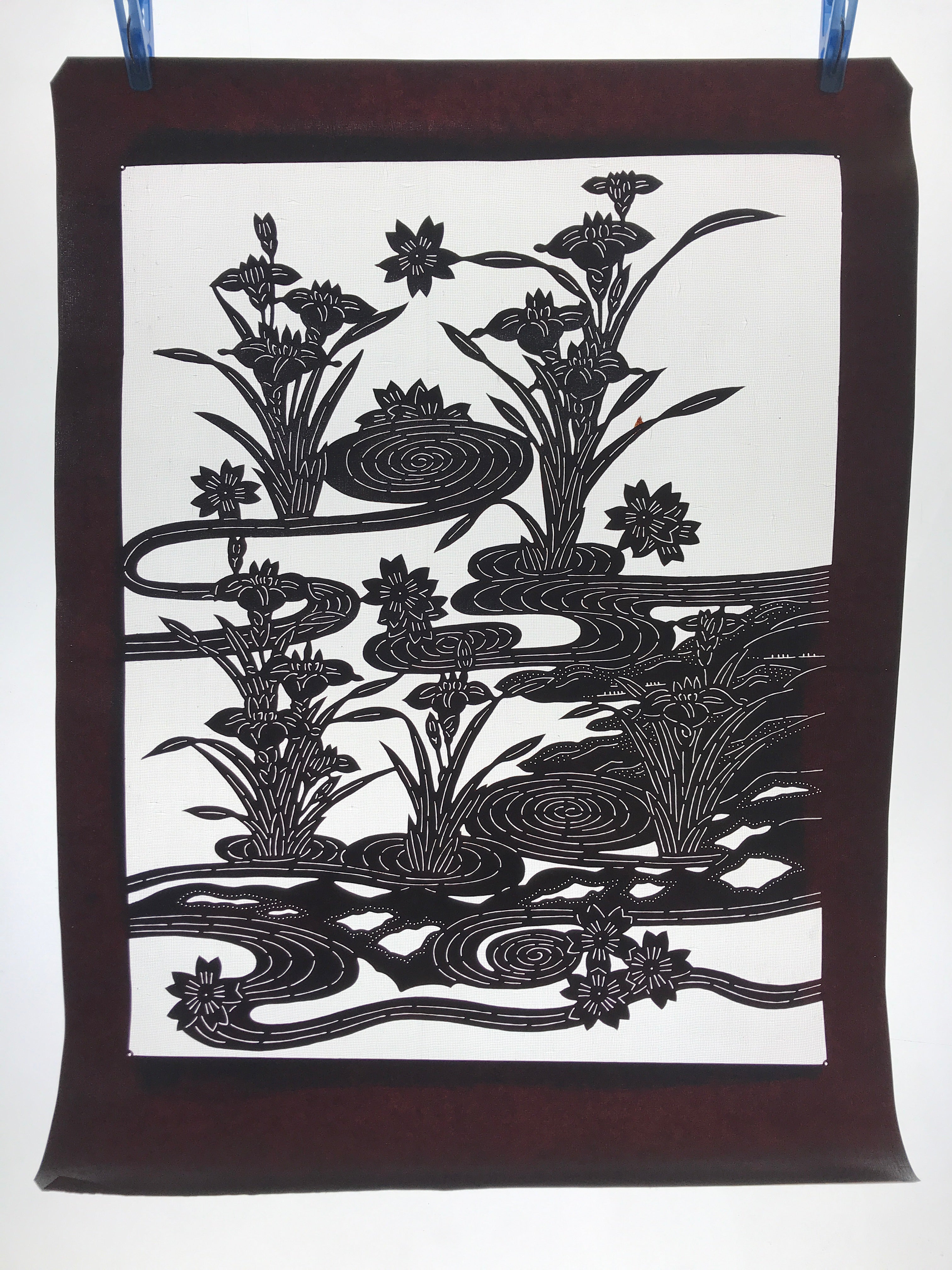 Antique Japanese Katagami Kimono Paper Stencil Cherry Blossom Iris Pond 4Y462