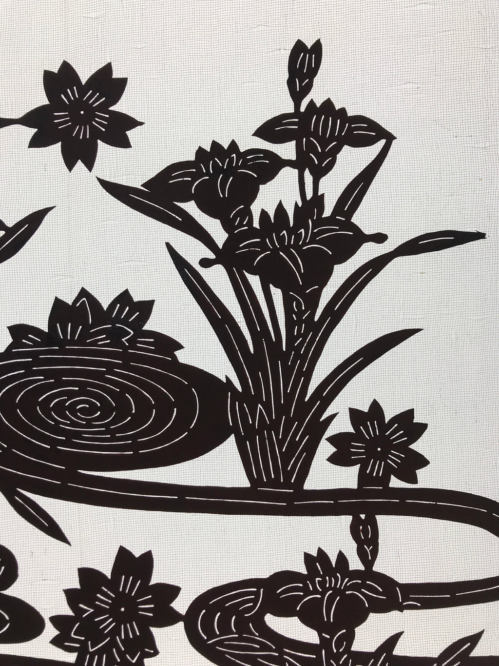 Antique Japanese Katagami Kimono Paper Stencil Cherry Blossom Iris Pond 4Y462