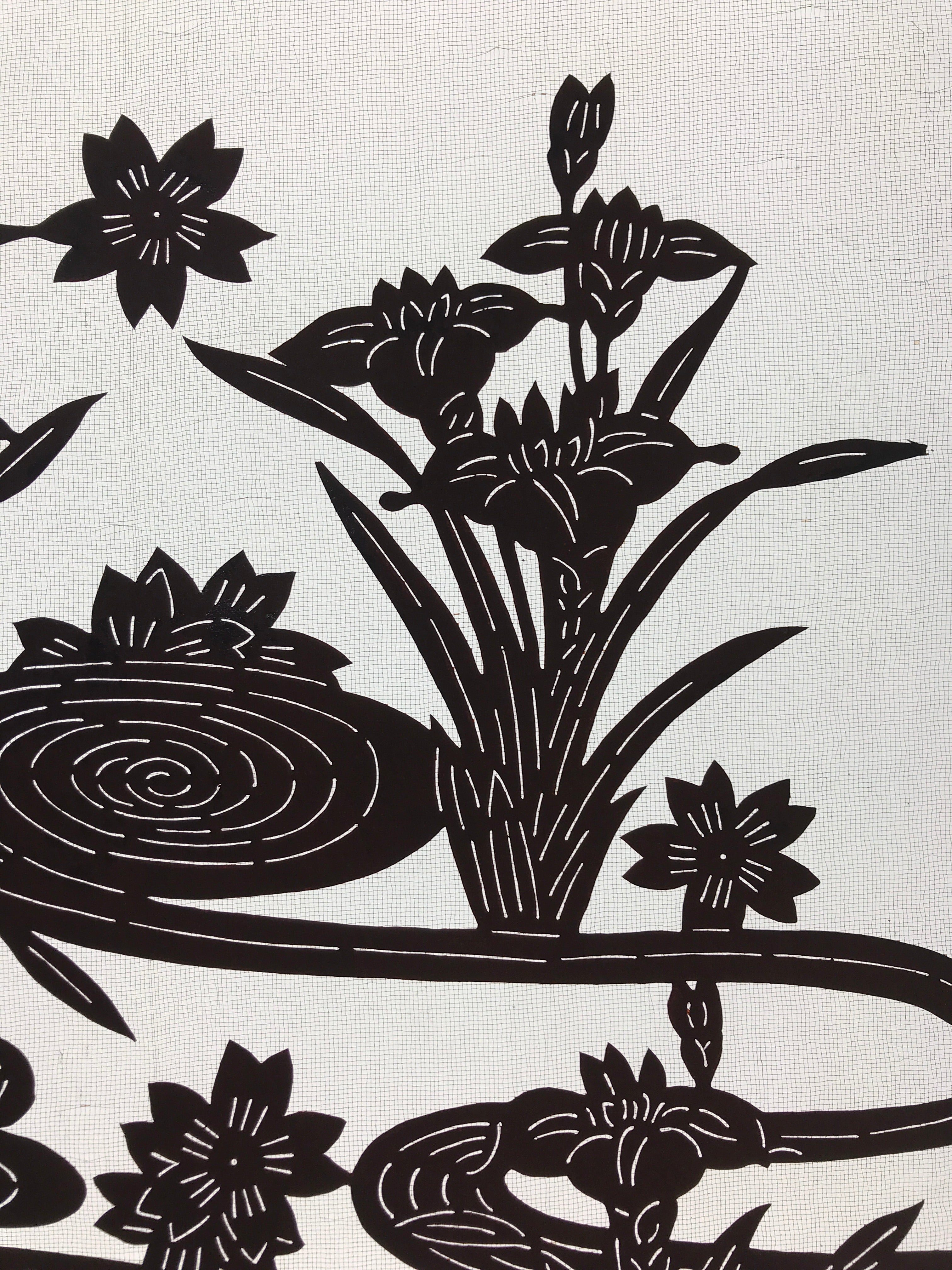 Antique Japanese Katagami Kimono Paper Stencil Cherry Blossom Iris Pond 4Y462