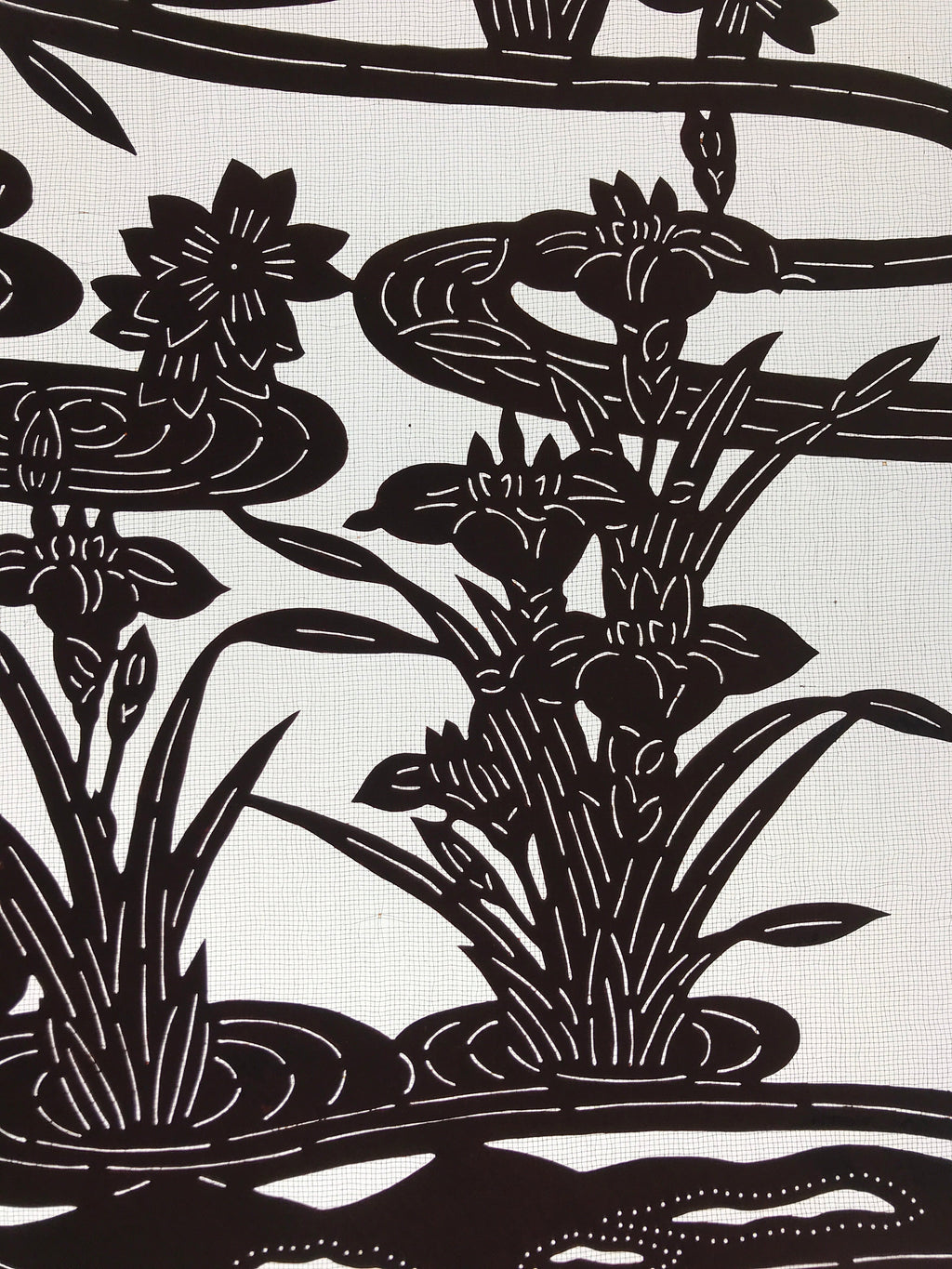 Antique Japanese Katagami Kimono Paper Stencil Cherry Blossom Iris Pond 4Y462