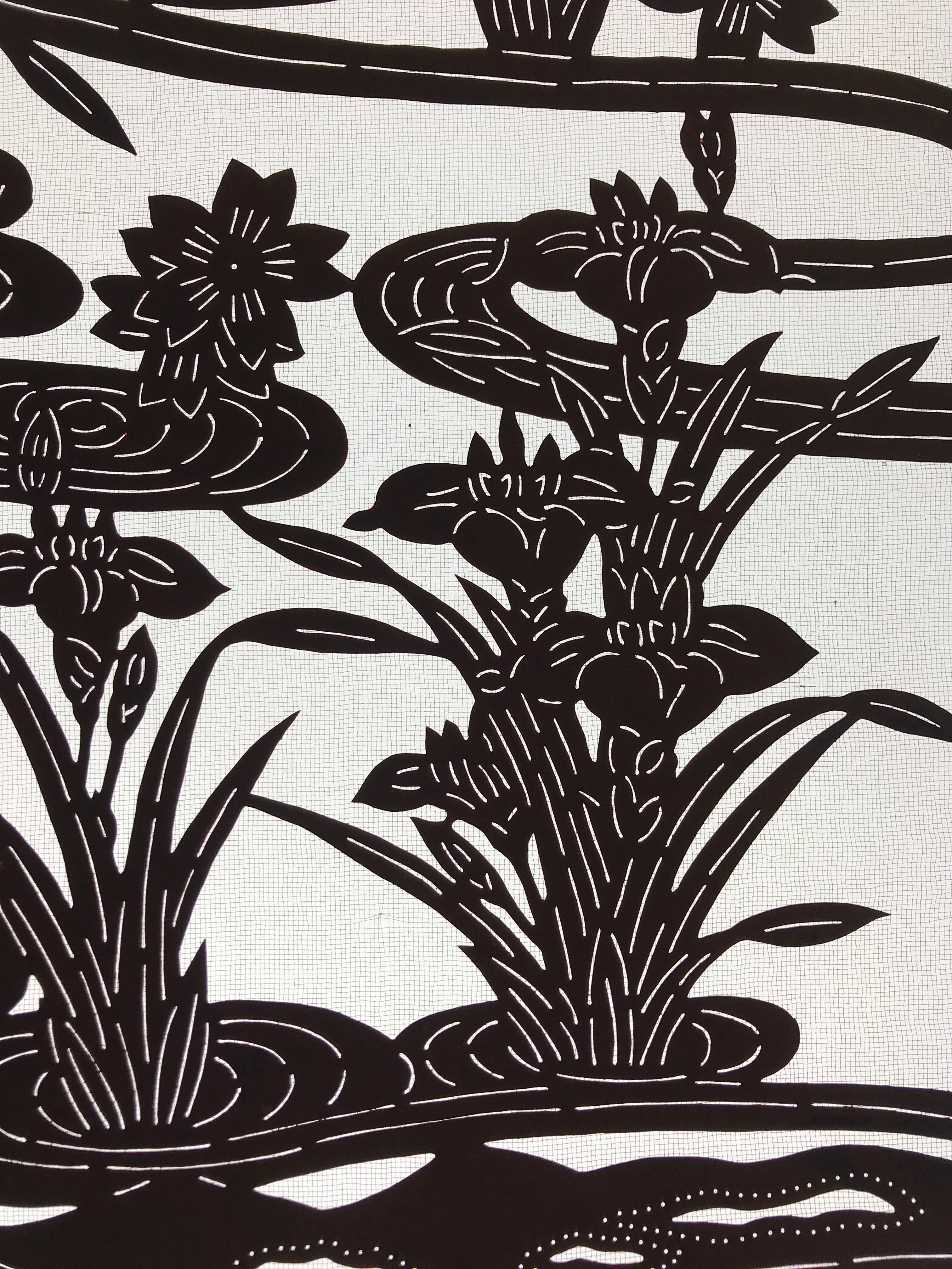 Antique Japanese Katagami Kimono Paper Stencil Cherry Blossom Iris Pond 4Y462