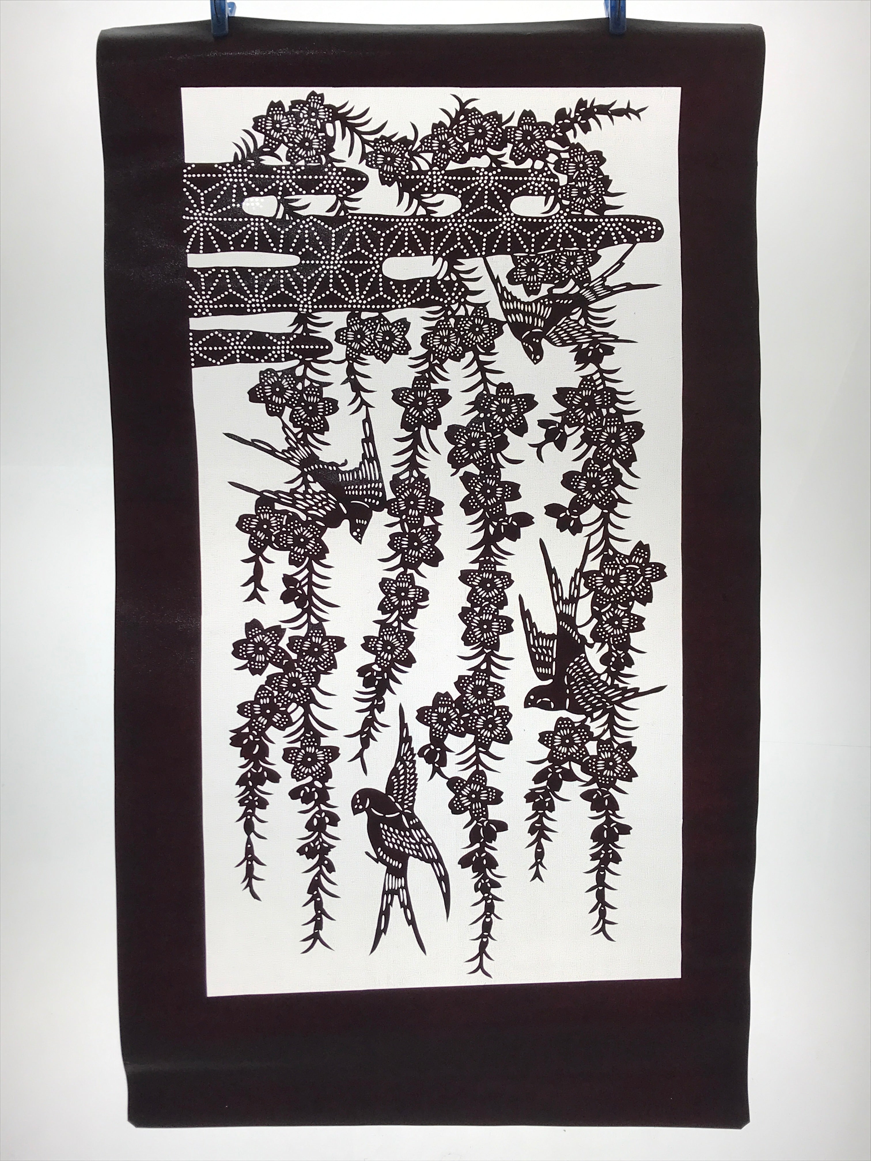 Antique Japanese Katagami Kimono Paper Stencil Cherry Blossoms Birds 4Y508
