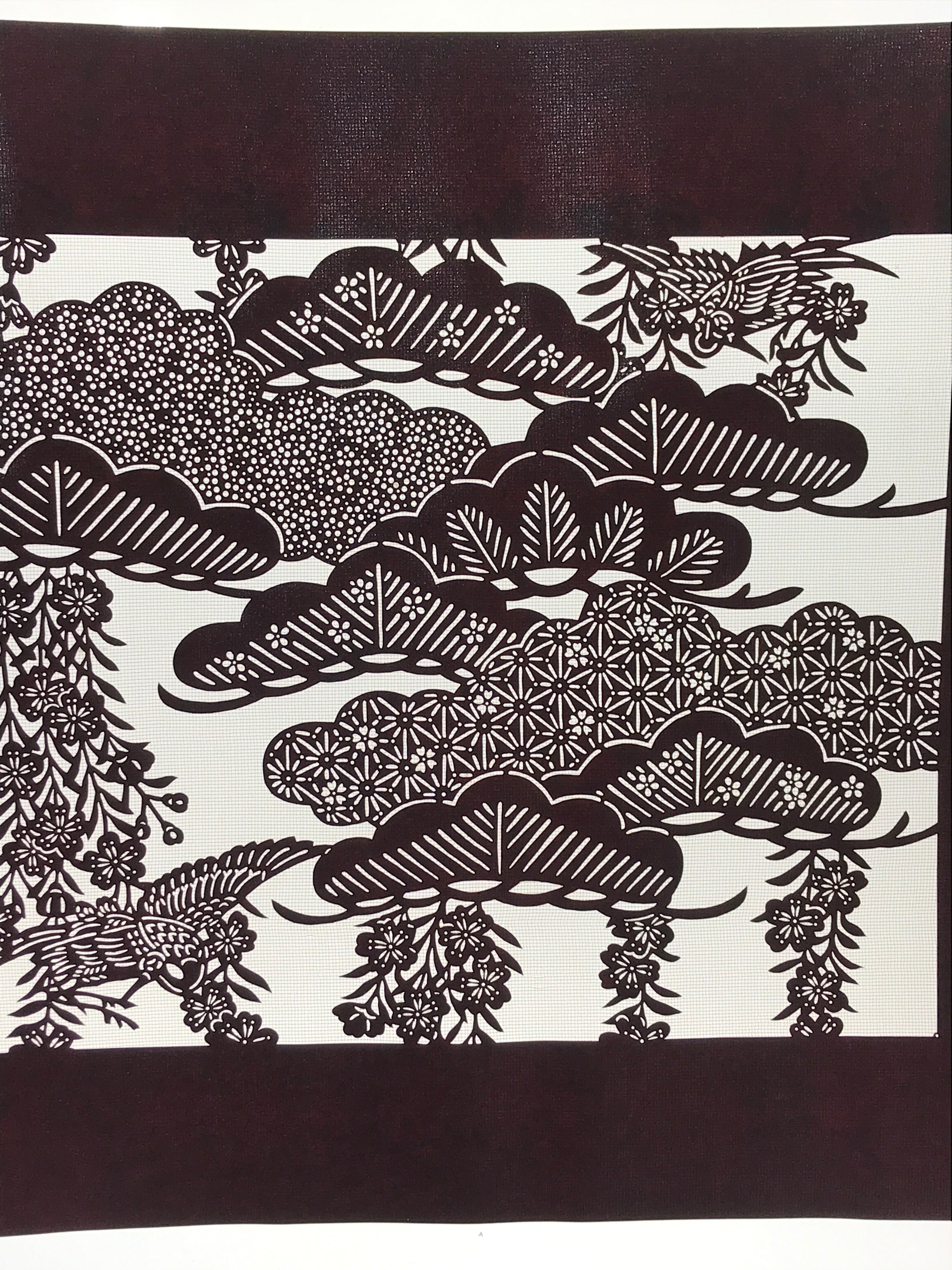Antique Japanese Katagami Kimono Paper Stencil Cherry Blossoms Pine Bird 4Y465