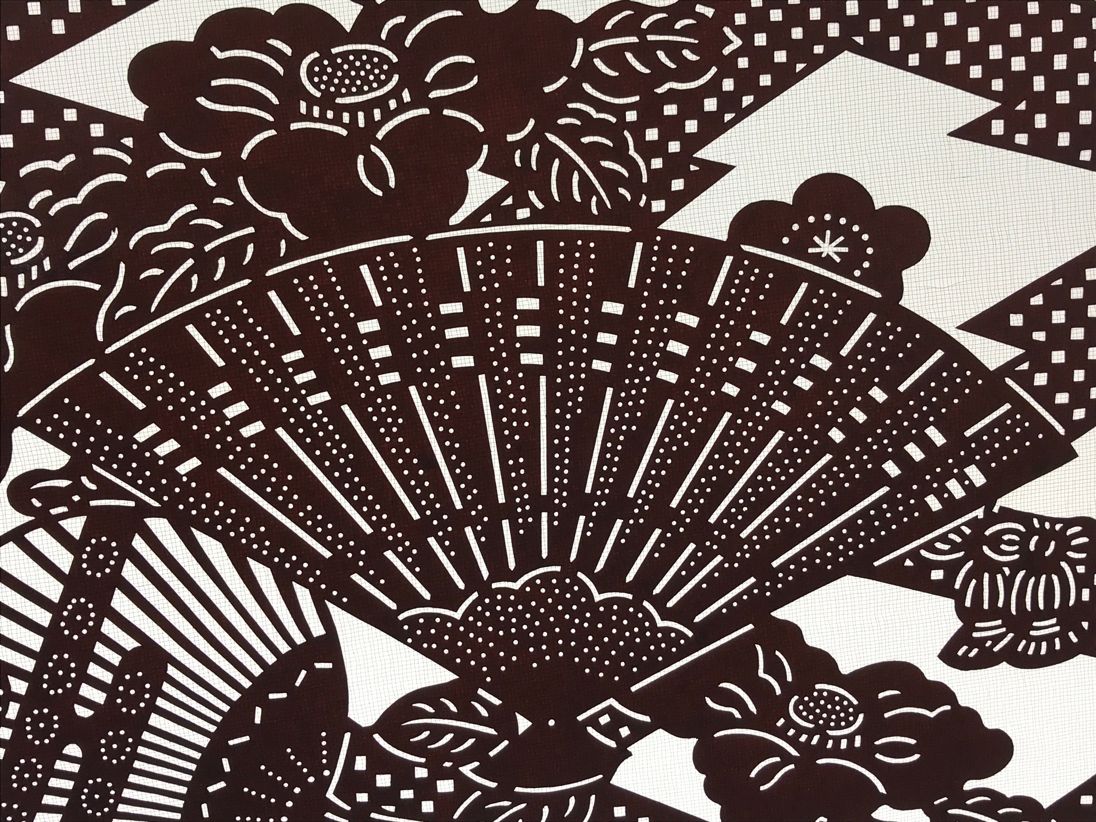 Antique Japanese Katagami Kimono Paper Stencil Folding Fan Uchiwa Flower 4Y490