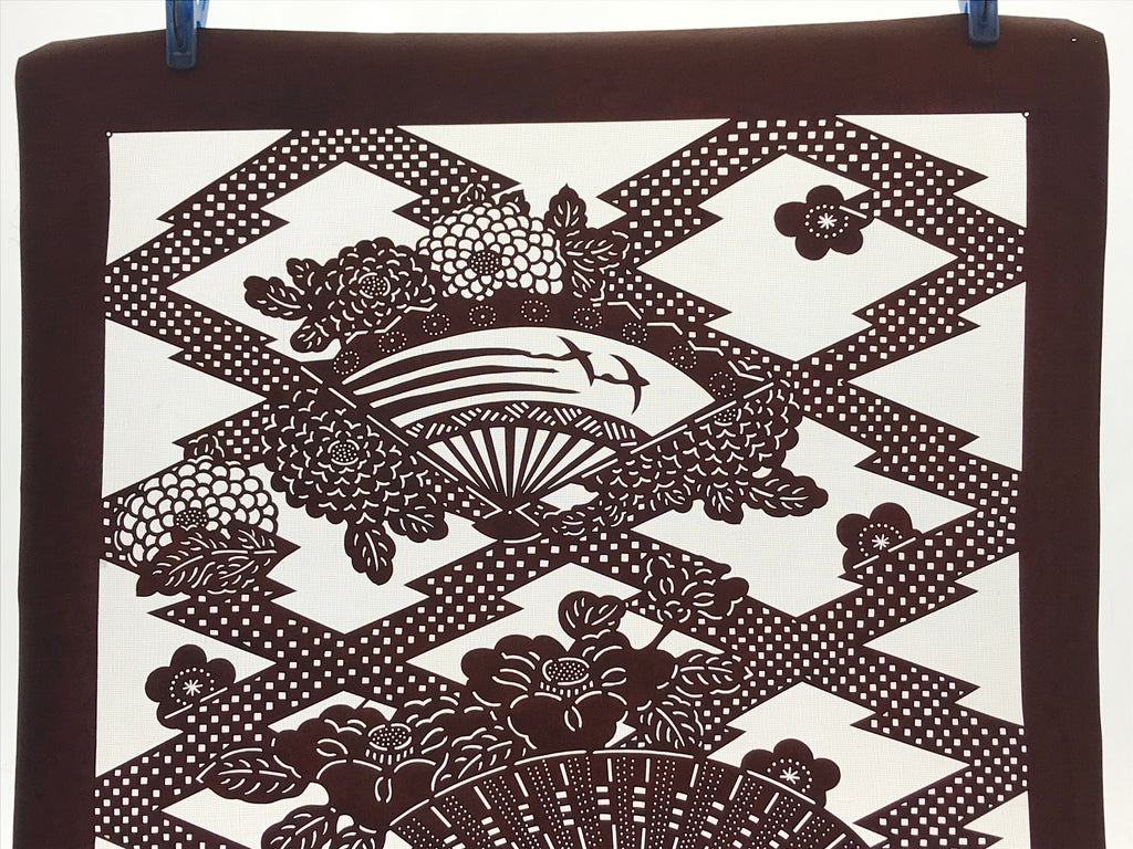 Antique Japanese Katagami Kimono Paper Stencil Folding Fan Uchiwa Flower 4Y490