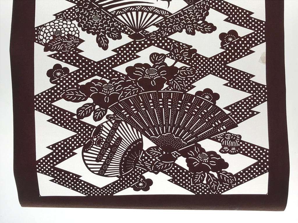 Antique Japanese Katagami Kimono Paper Stencil Folding Fan Uchiwa Flower 4Y490