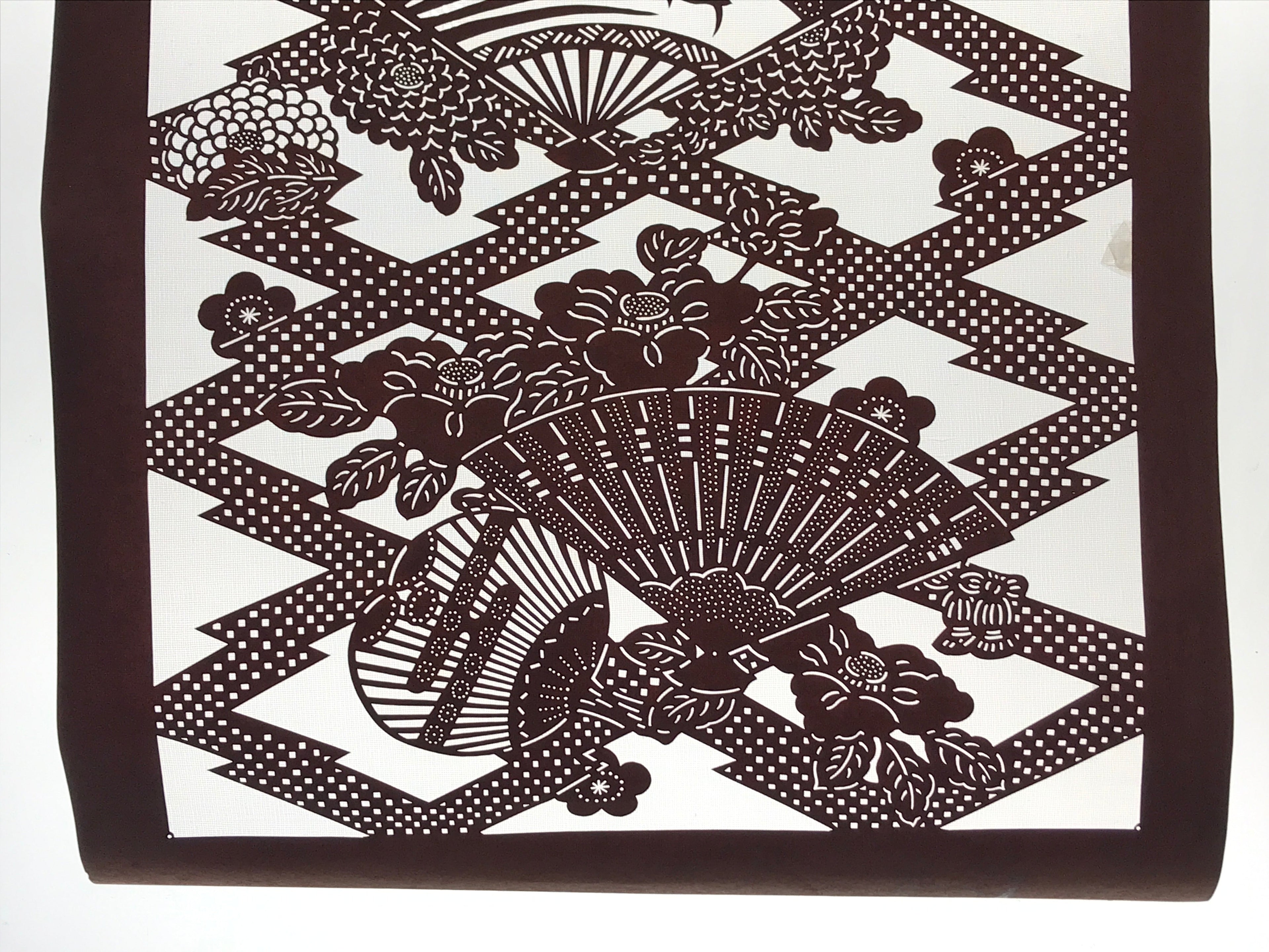 Antique Japanese Katagami Kimono Paper Stencil Folding Fan Uchiwa Flower 4Y490