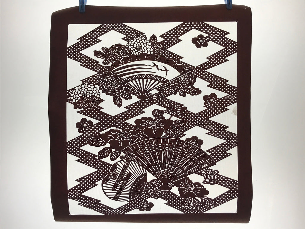 Antique Japanese Katagami Kimono Paper Stencil Folding Fan Uchiwa Flower 4Y490