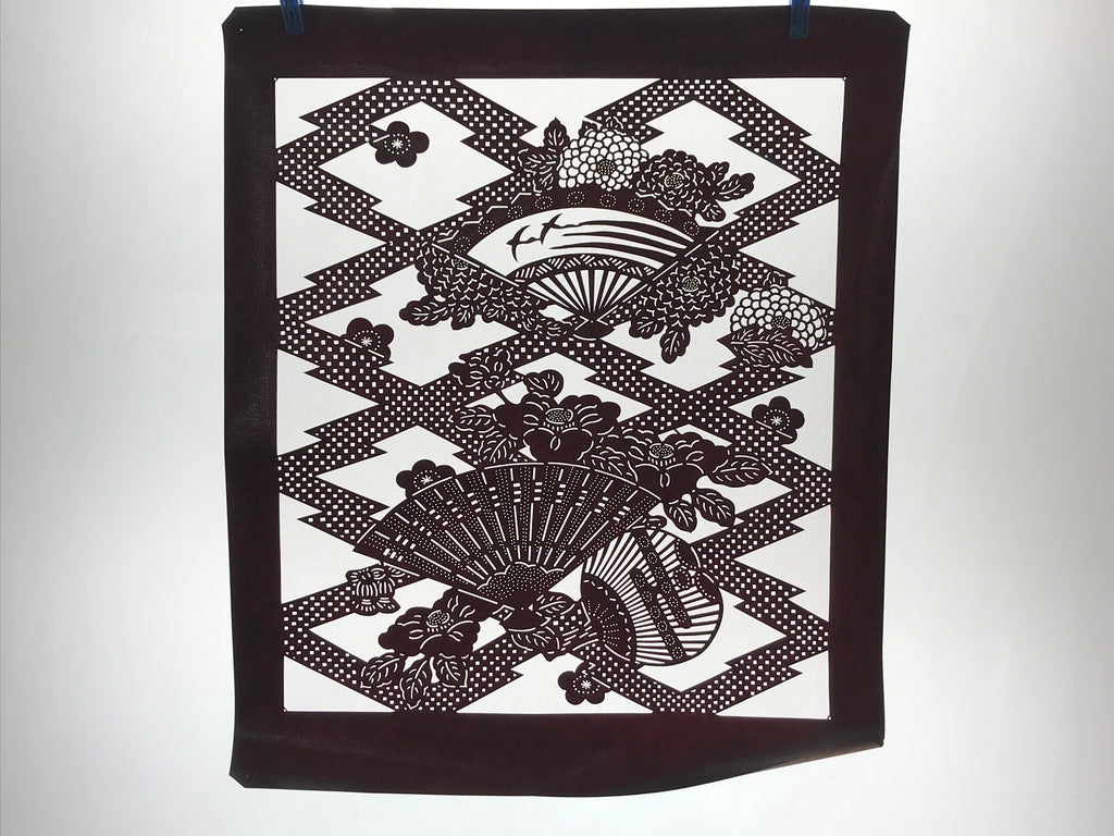 Antique Japanese Katagami Kimono Paper Stencil Folding Fan Uchiwa Flower 4Y490