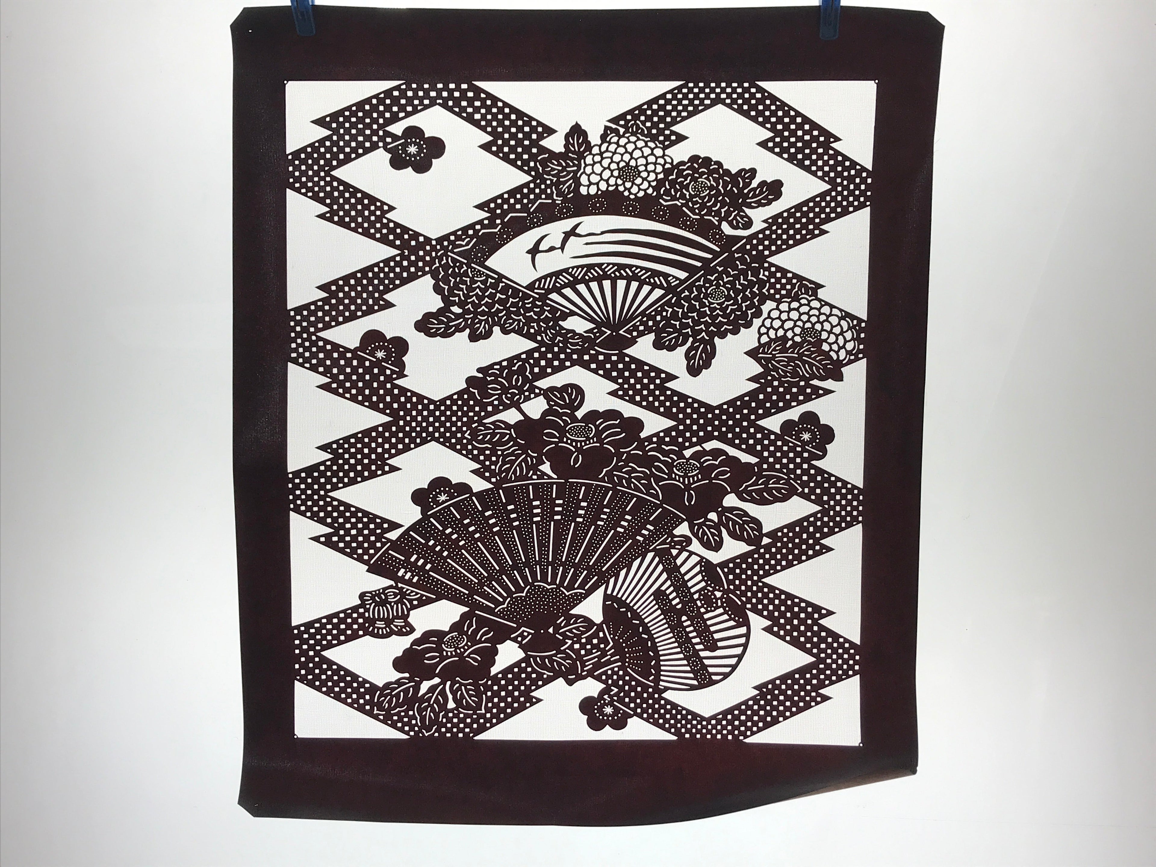 Antique Japanese Katagami Kimono Paper Stencil Folding Fan Uchiwa Flower 4Y490
