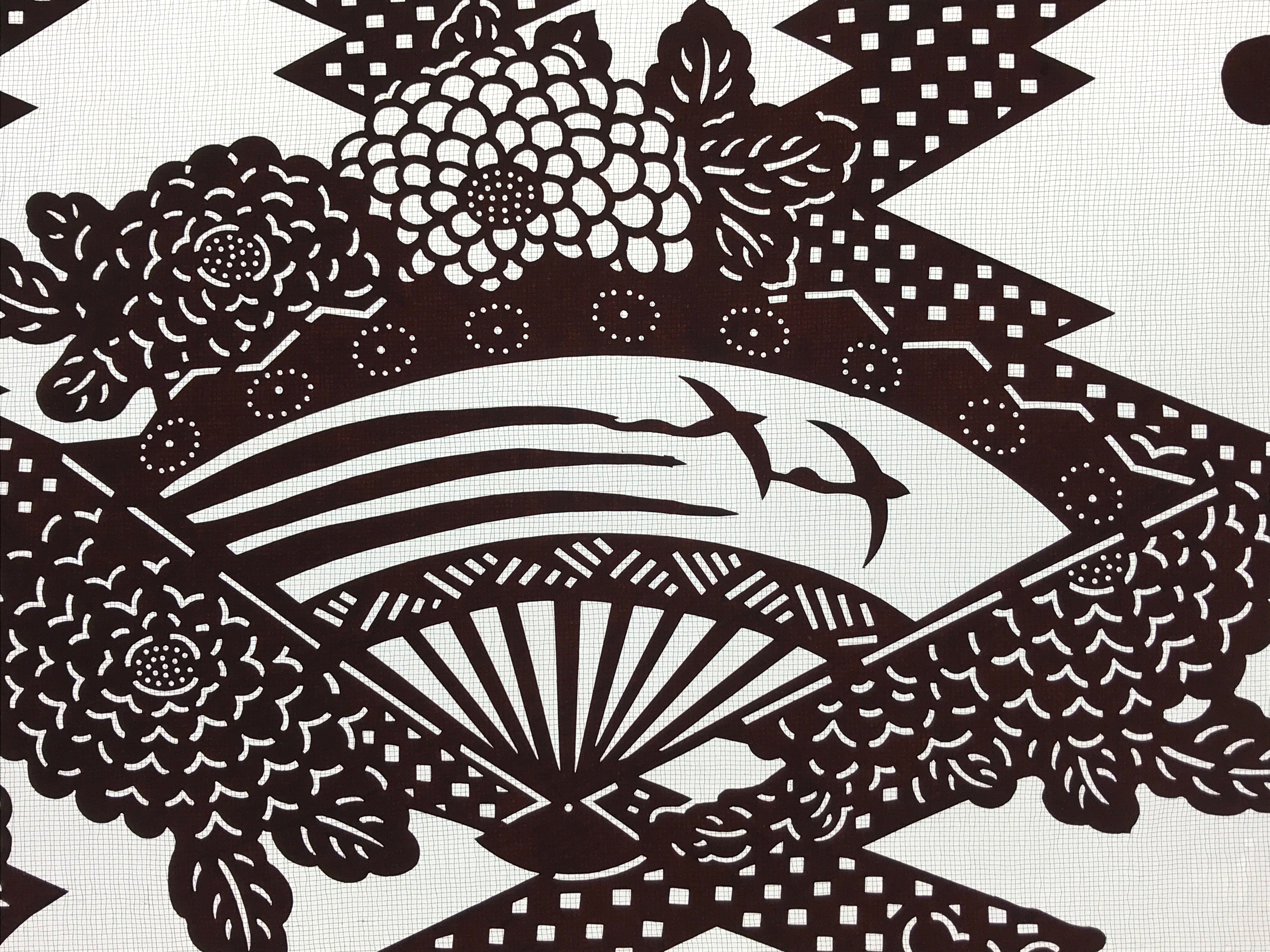 Antique Japanese Katagami Kimono Paper Stencil Folding Fan Uchiwa Flower 4Y490