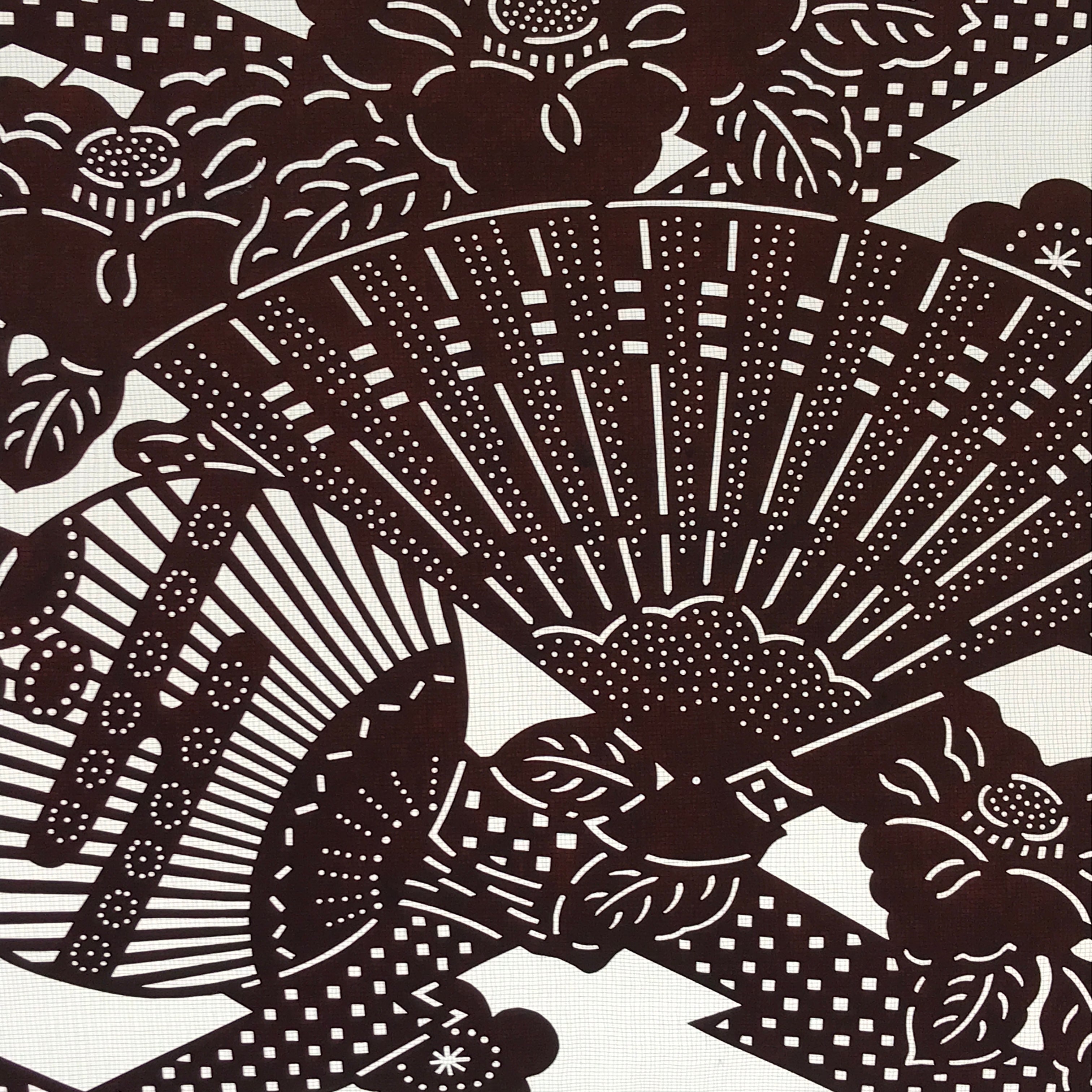 Antique Japanese Katagami Kimono Paper Stencil Folding Fan Uchiwa Flower 4Y490