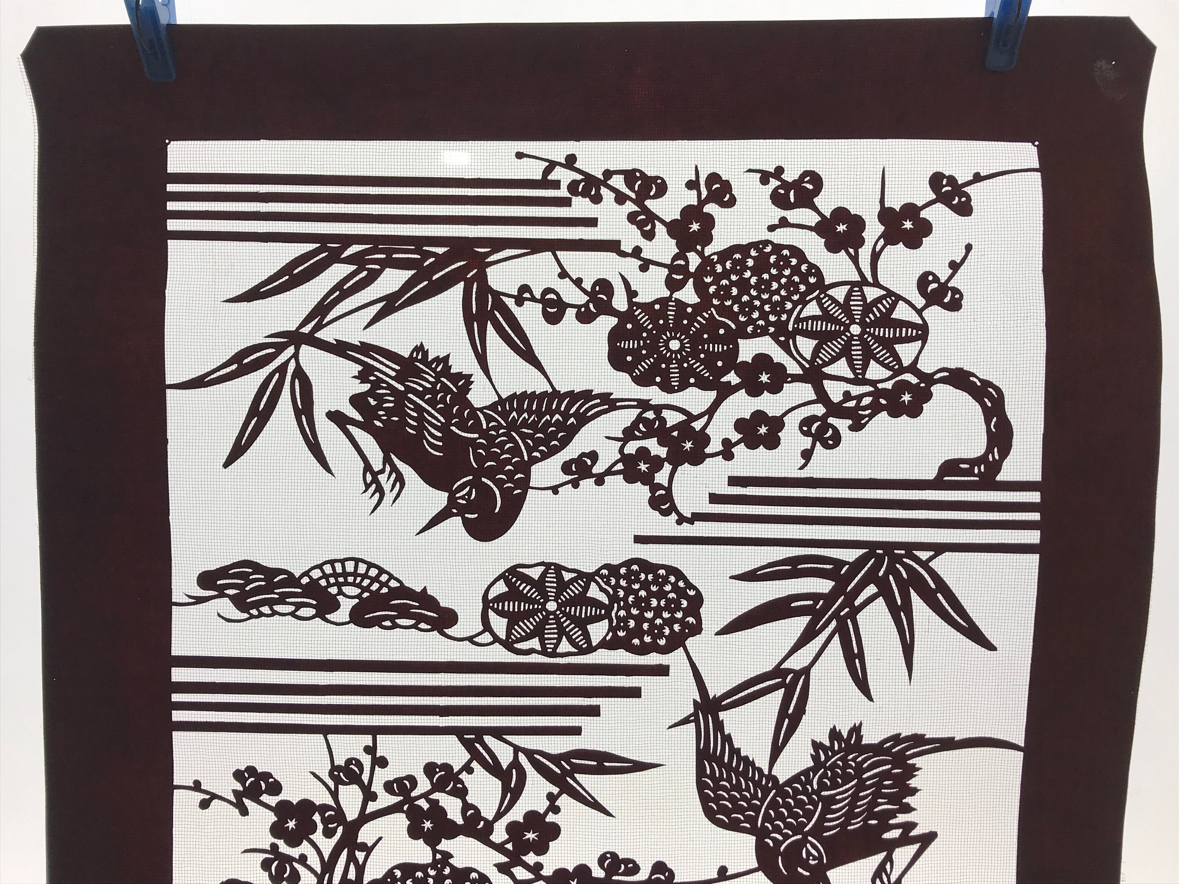 Antique Japanese Katagami Kimono Paper Stencil Katazome Birds Flowers 4Y460