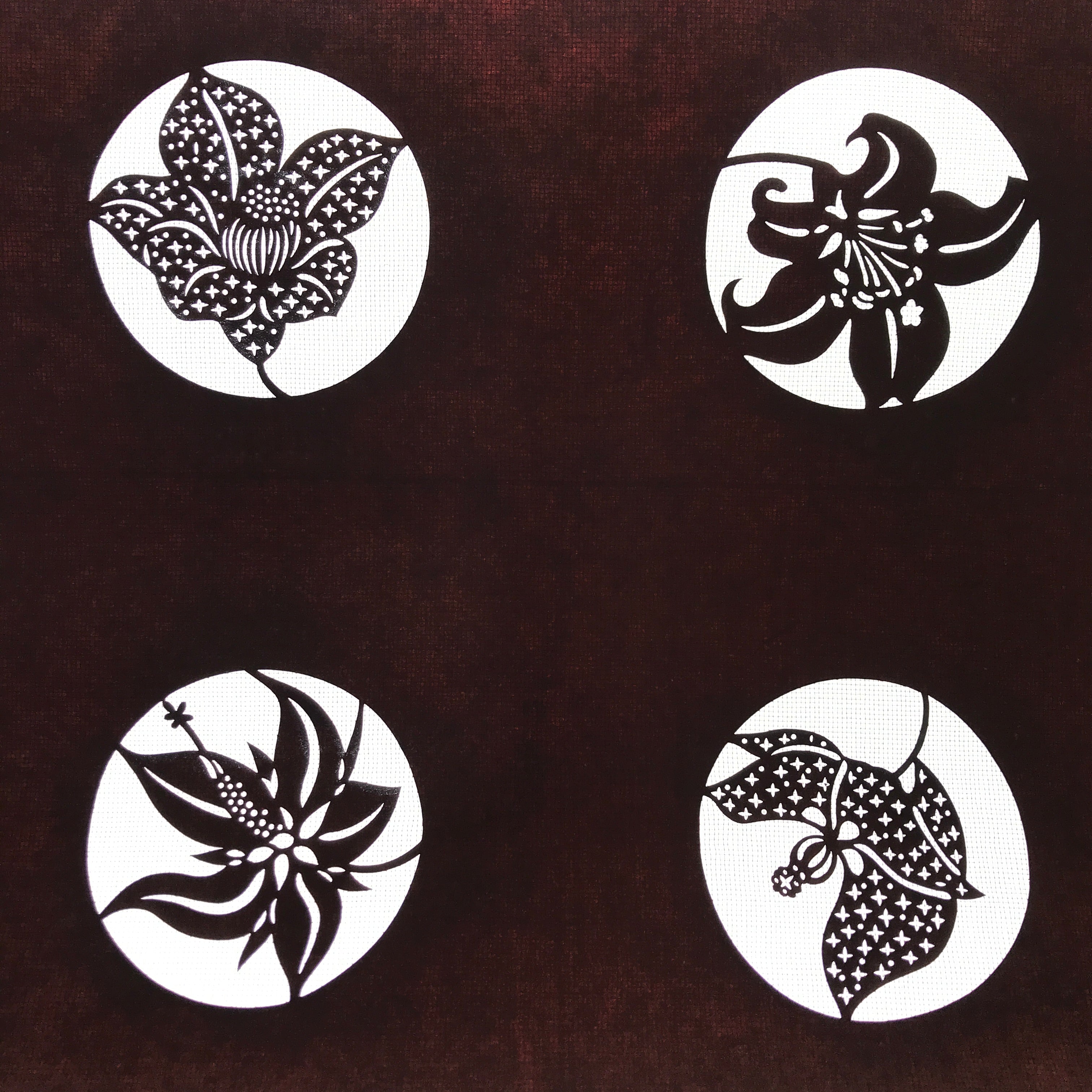 Antique Japanese Katagami Kimono Paper Stencil Katazome Lily Flowers 4Y461