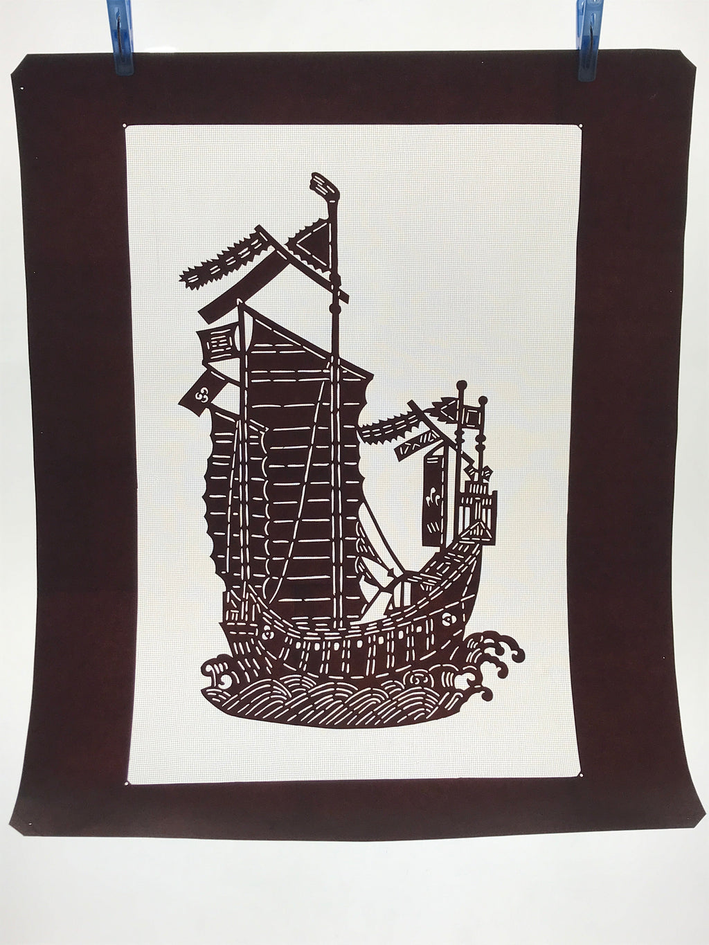 Antique Japanese Katagami Kimono Paper Stencil Katazome Sailing Ship Boat 4Y494