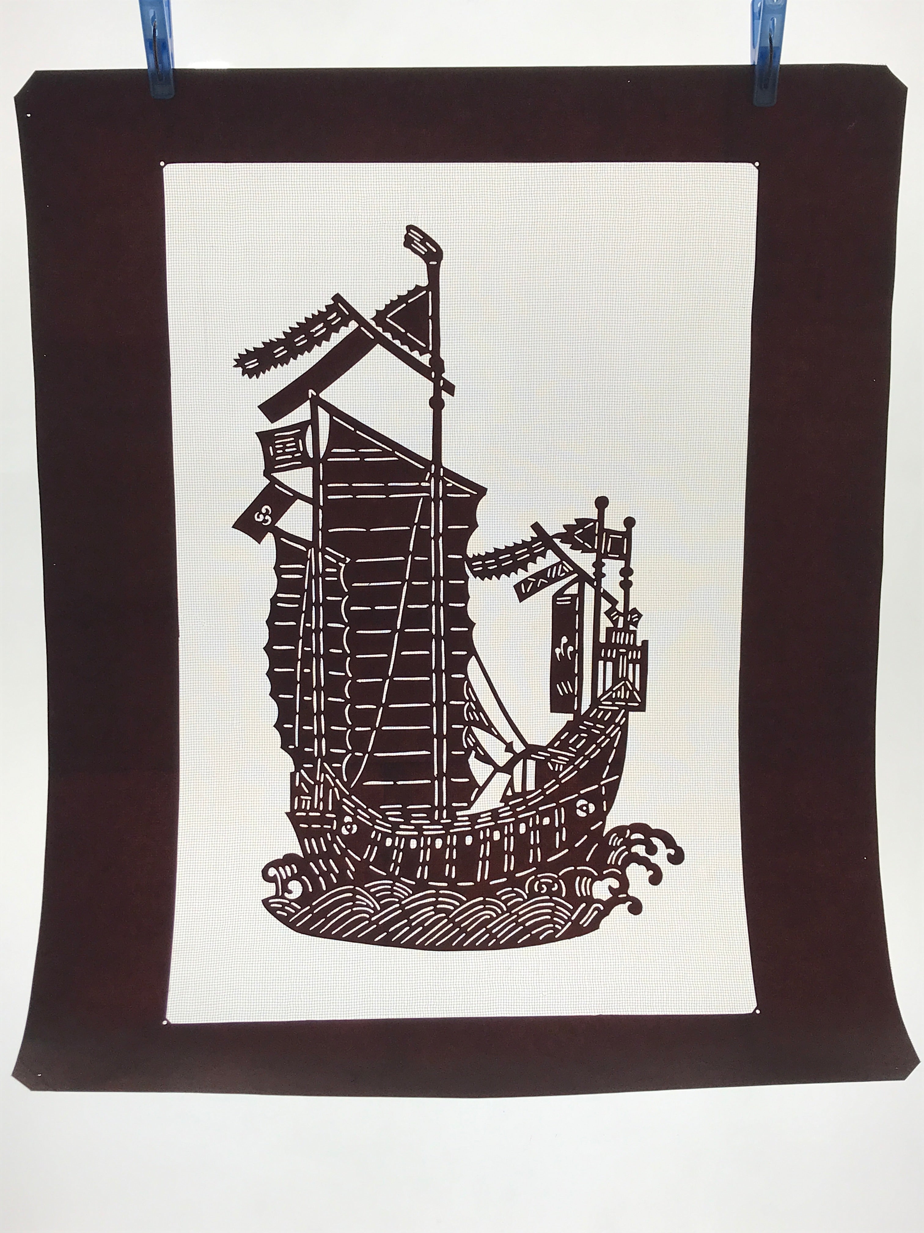 Antique Japanese Katagami Kimono Paper Stencil Katazome Sailing Ship Boat 4Y494
