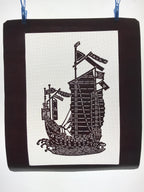 Antique Japanese Katagami Kimono Paper Stencil Katazome Sailing Ship Boat 4Y494