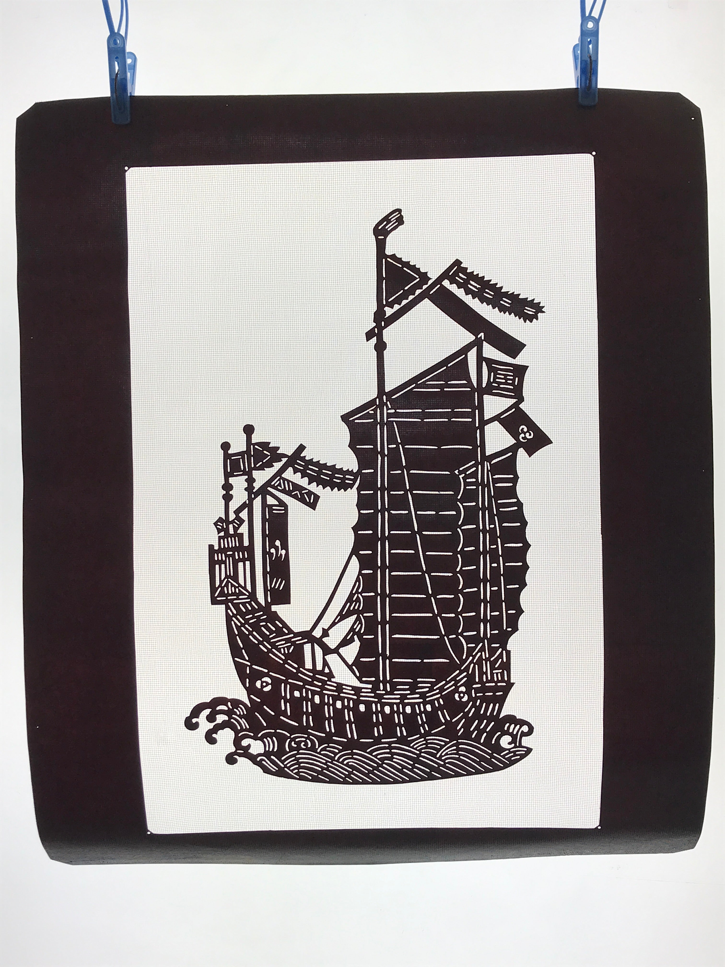 Antique Japanese Katagami Kimono Paper Stencil Katazome Sailing Ship Boat 4Y494