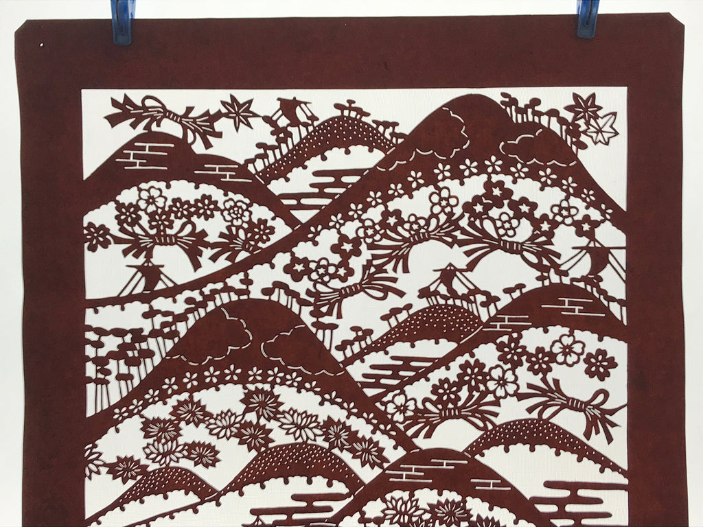 Antique Japanese Katagami Kimono Paper Stencil Mountain Forest Flowers 4Y493