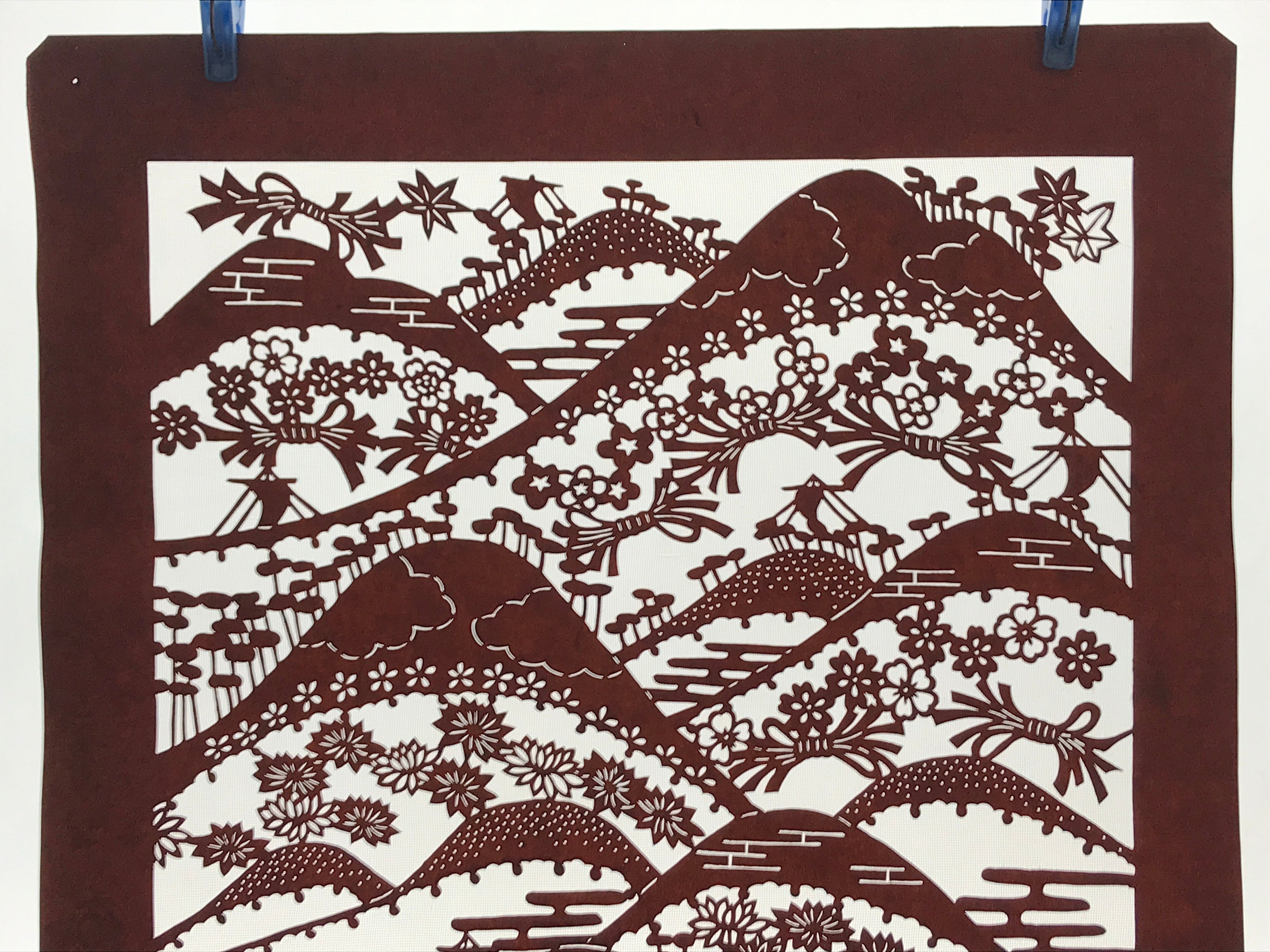 Antique Japanese Katagami Kimono Paper Stencil Mountain Forest Flowers 4Y493