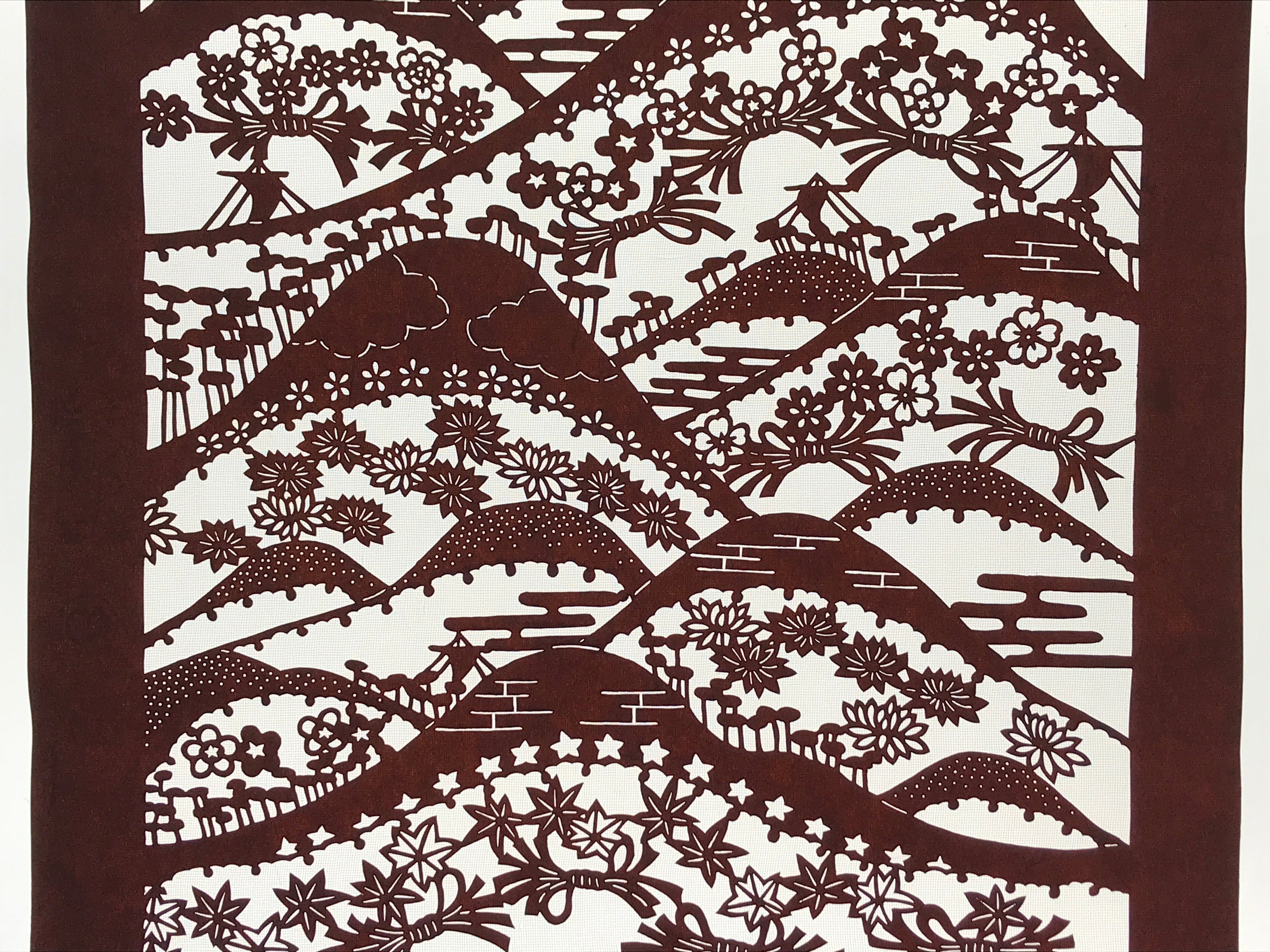 Antique Japanese Katagami Kimono Paper Stencil Mountain Forest Flowers 4Y493