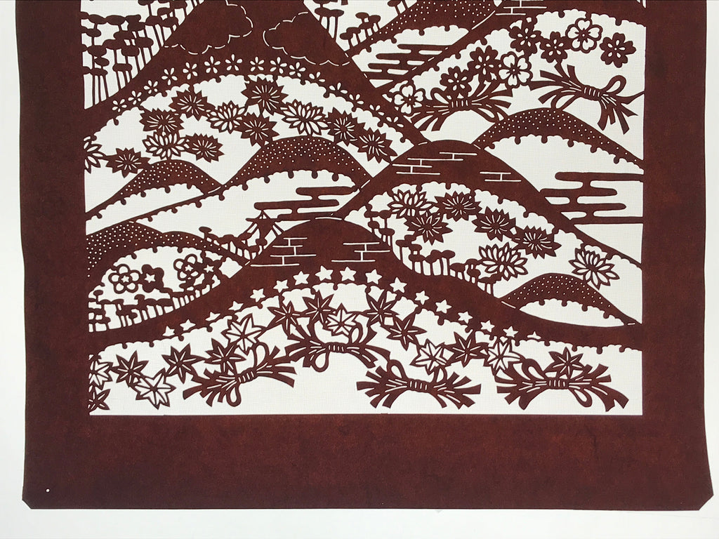 Antique Japanese Katagami Kimono Paper Stencil Mountain Forest Flowers 4Y493