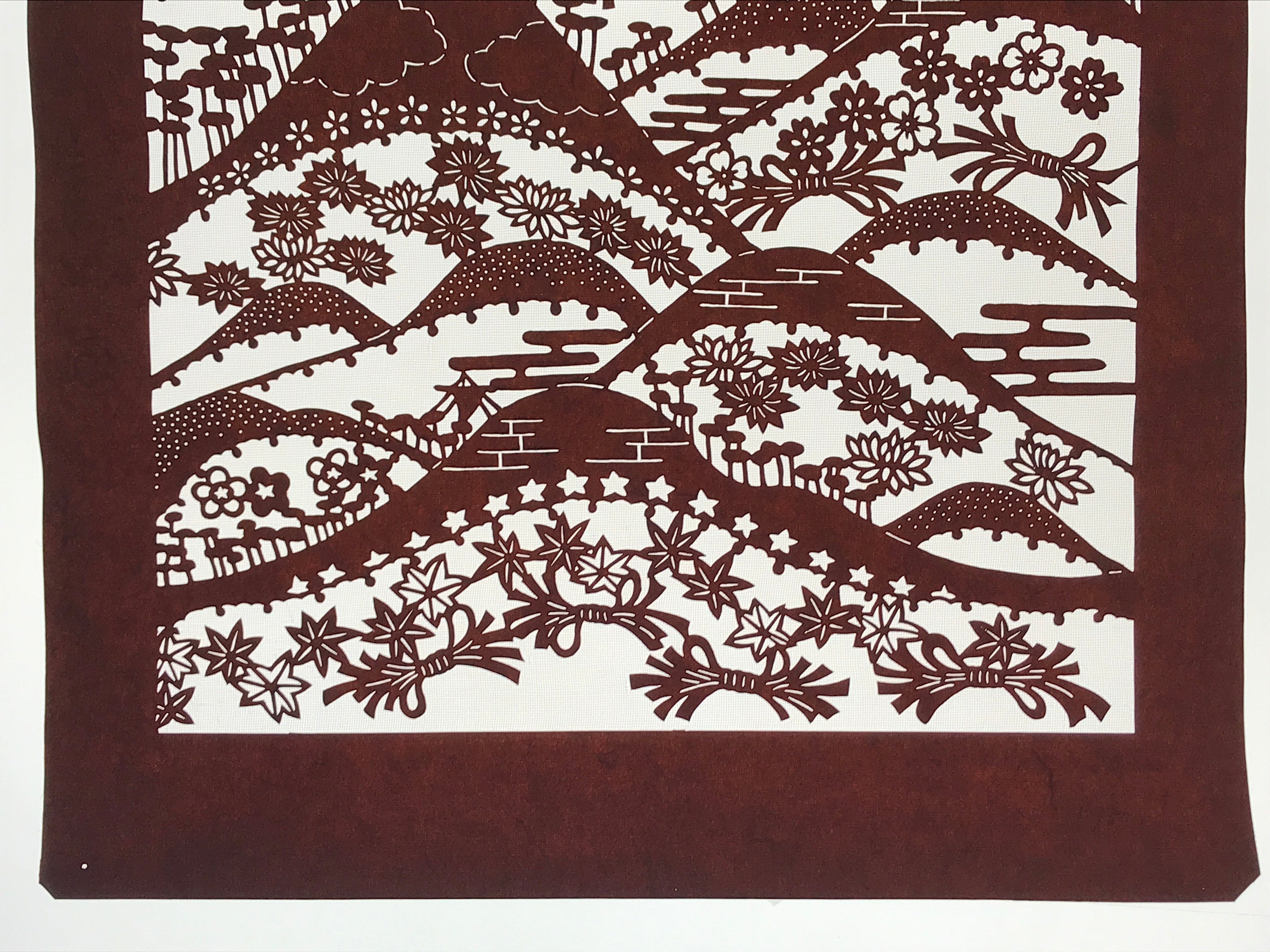 Antique Japanese Katagami Kimono Paper Stencil Mountain Forest Flowers 4Y493