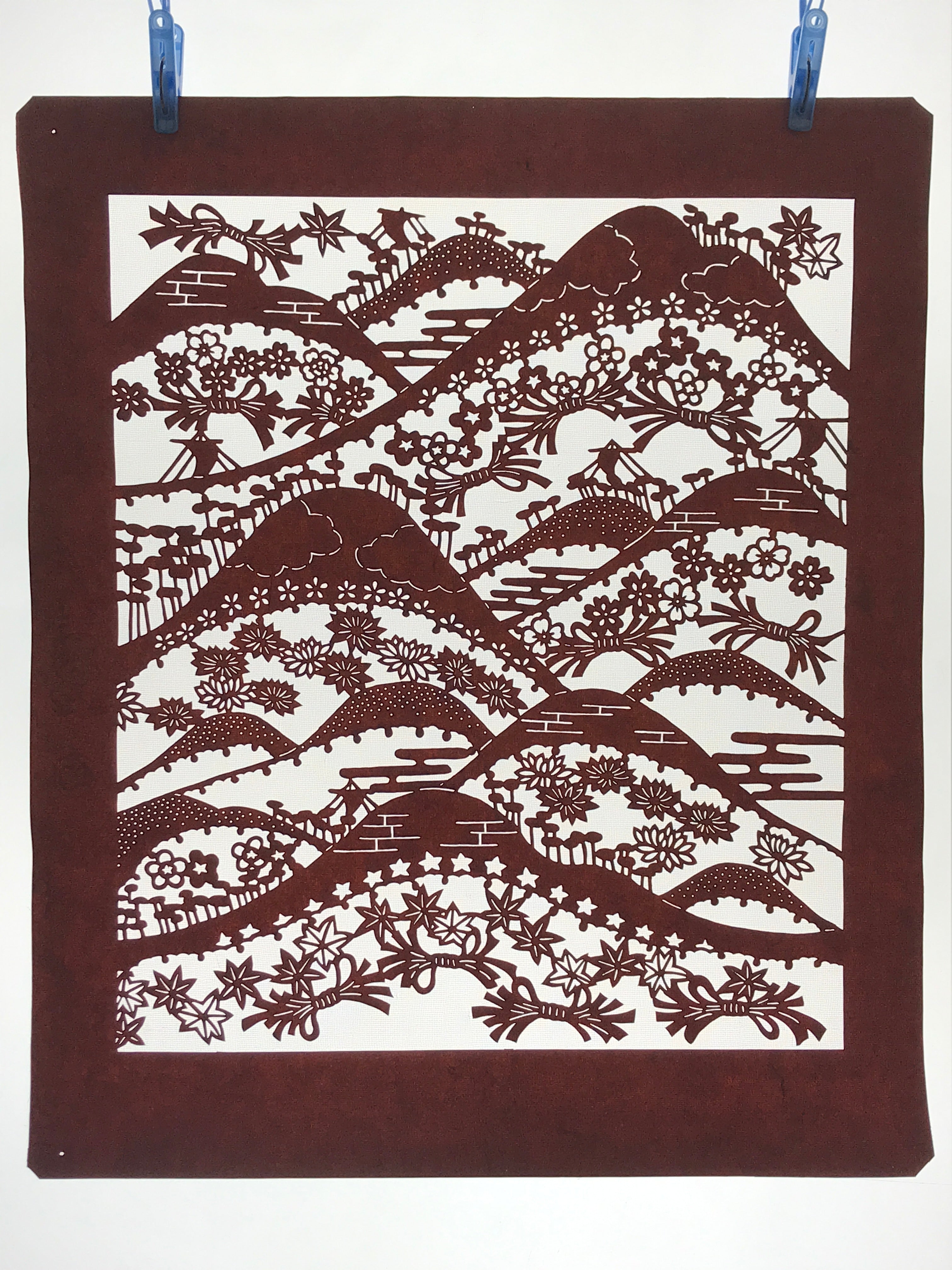 Antique Japanese Katagami Kimono Paper Stencil Mountain Forest Flowers 4Y493