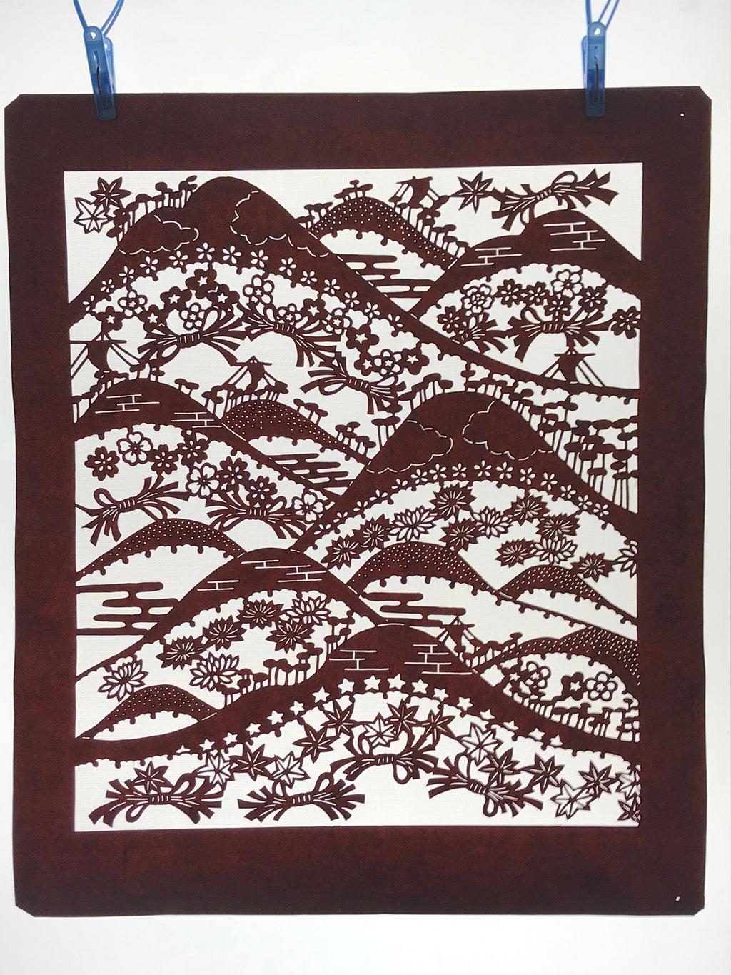 Antique Japanese Katagami Kimono Paper Stencil Mountain Forest Flowers 4Y493