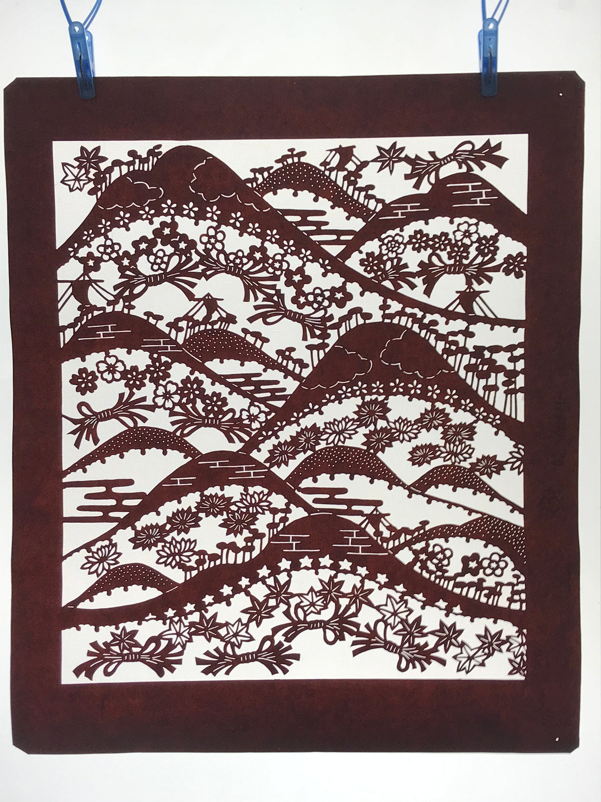 Antique Japanese Katagami Kimono Paper Stencil Mountain Forest Flowers 4Y493