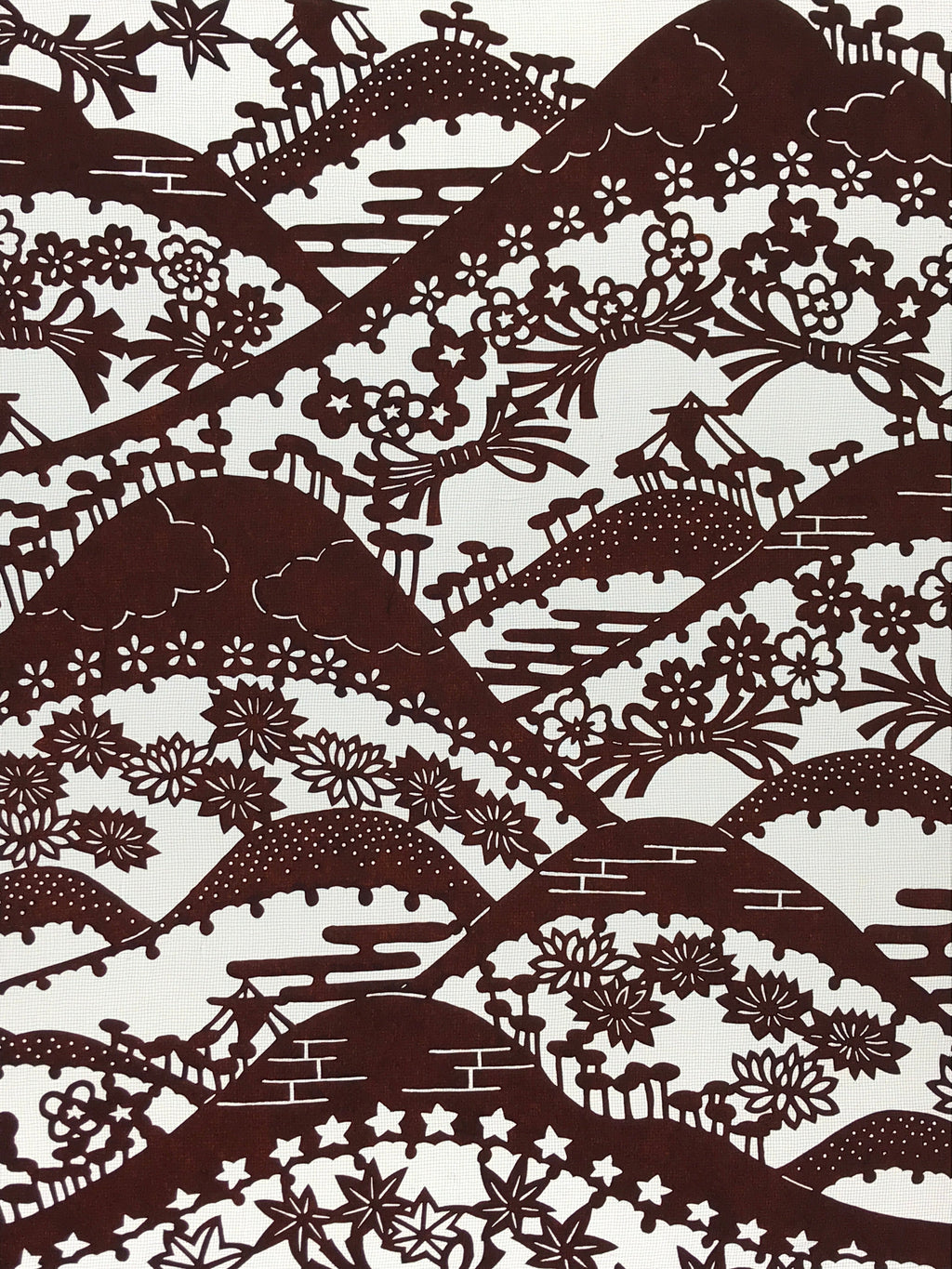 Antique Japanese Katagami Kimono Paper Stencil Mountain Forest Flowers 4Y493
