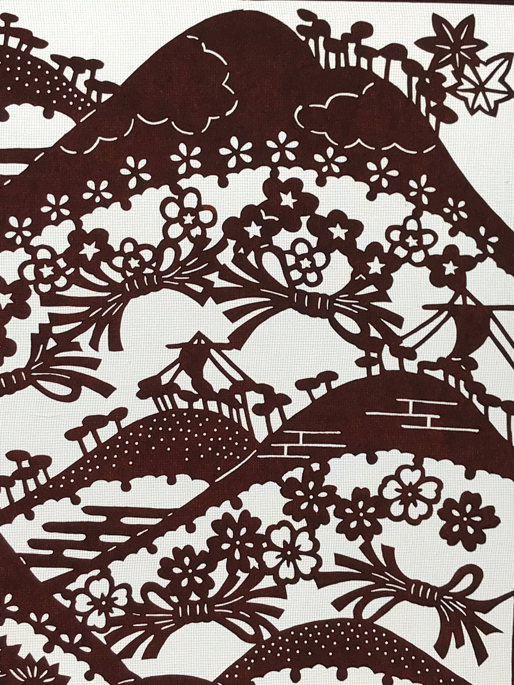 Antique Japanese Katagami Kimono Paper Stencil Mountain Forest Flowers 4Y493
