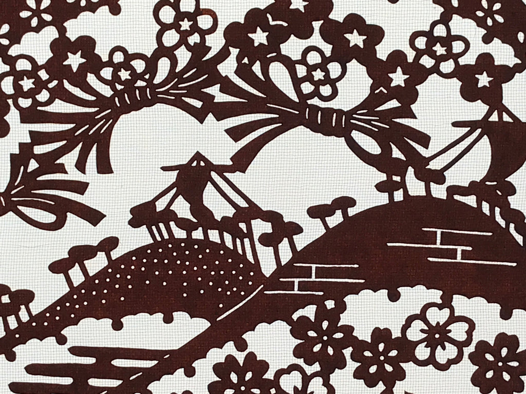 Antique Japanese Katagami Kimono Paper Stencil Mountain Forest Flowers 4Y493