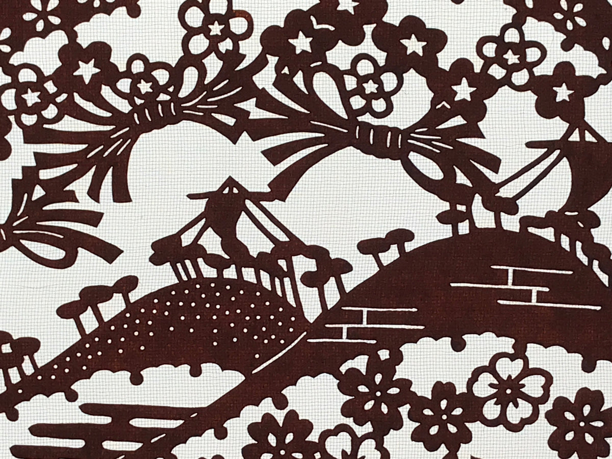 Antique Japanese Katagami Kimono Paper Stencil Mountain Forest Flowers 4Y493