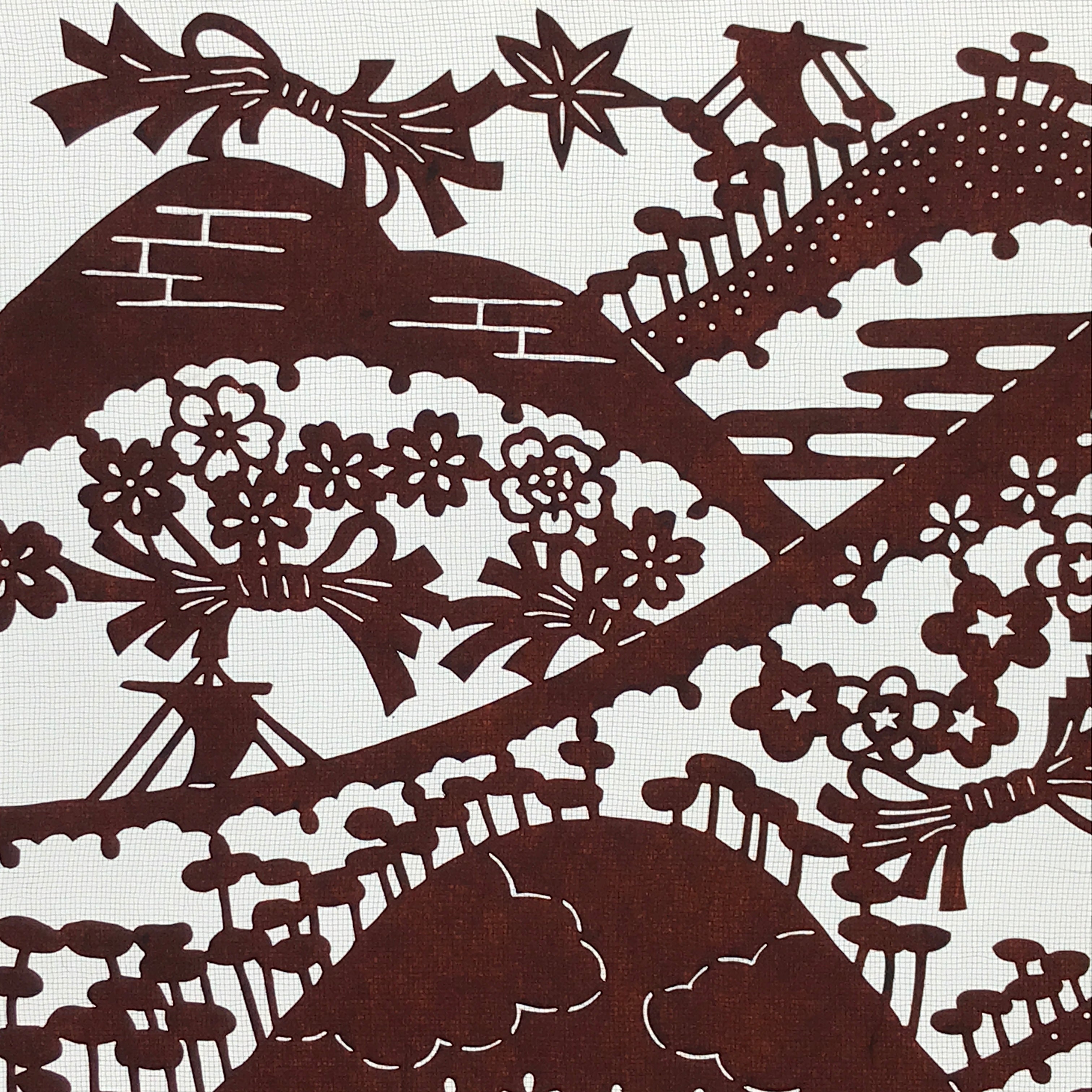 Antique Japanese Katagami Kimono Paper Stencil Mountain Forest Flowers 4Y493