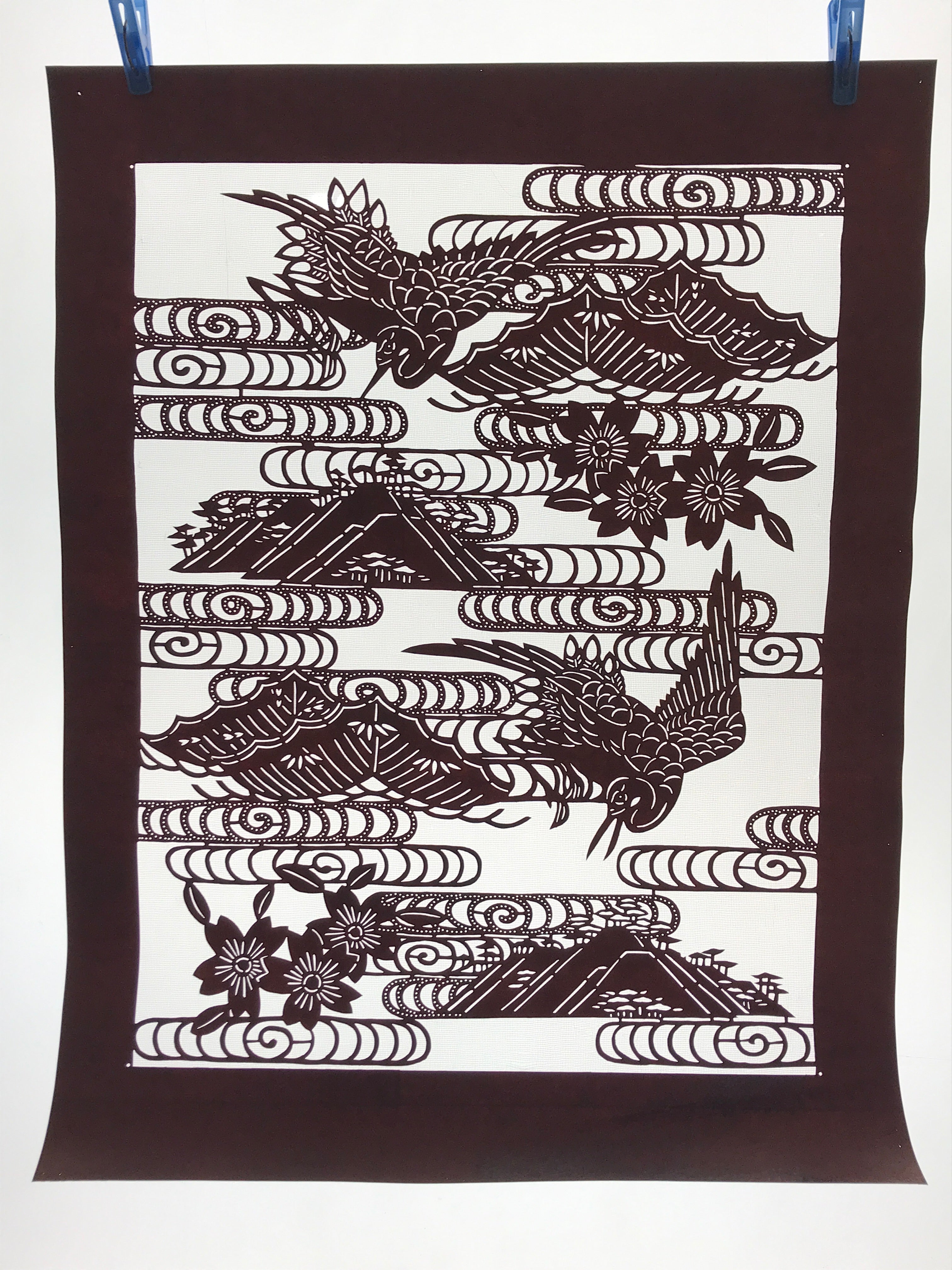 Antique Japanese Katagami Kimono Paper Stencil Mountain Pine Sakura 4Y467