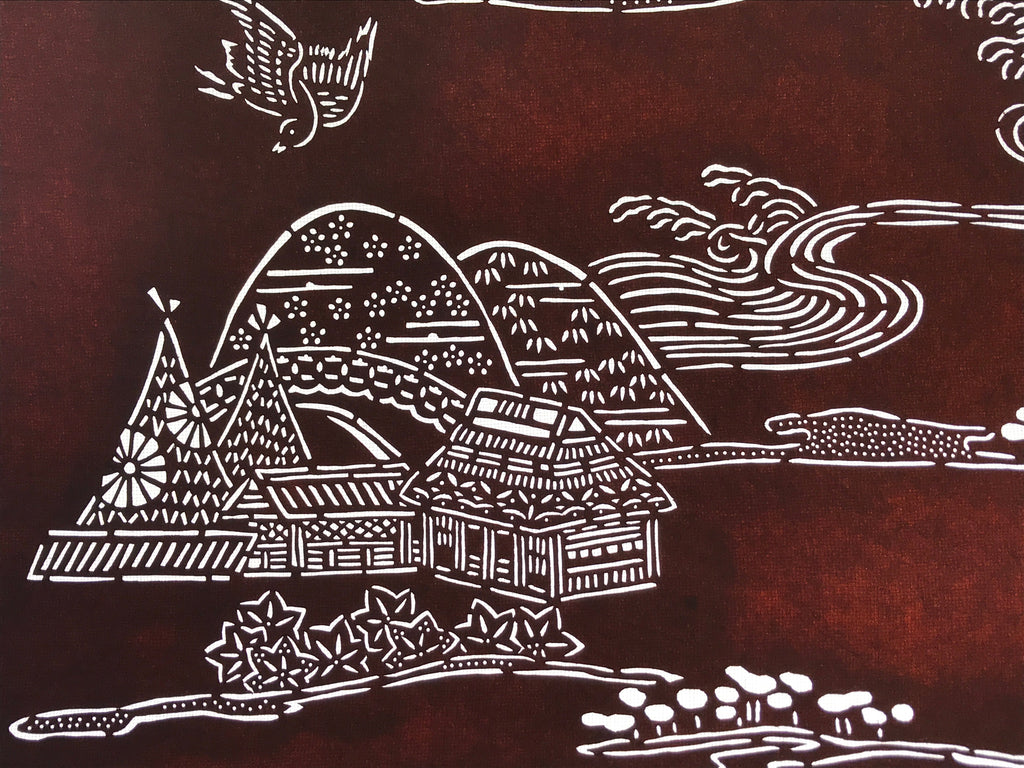 Antique Japanese Katagami Kimono Paper Stencil Mountain Village Bird 4Y485