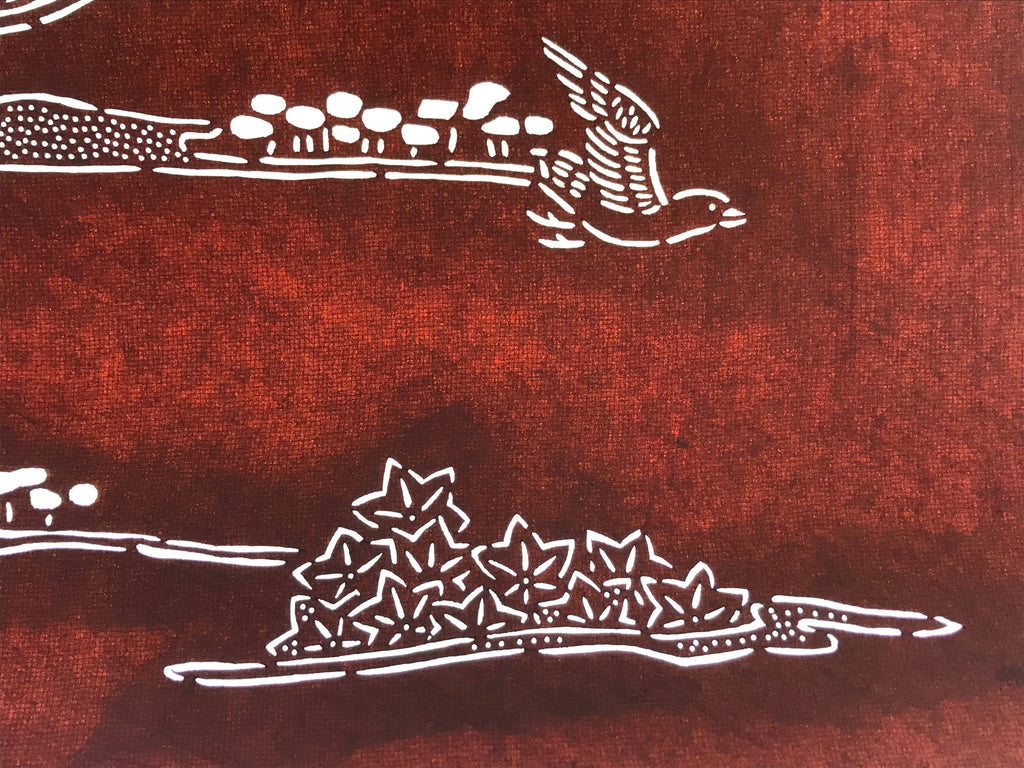 Antique Japanese Katagami Kimono Paper Stencil Mountain Village Bird 4Y485