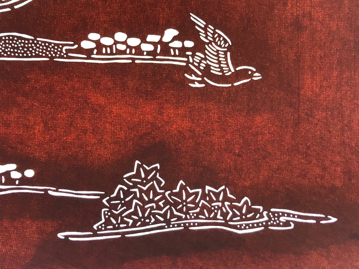 Antique Japanese Katagami Kimono Paper Stencil Mountain Village Bird 4Y485