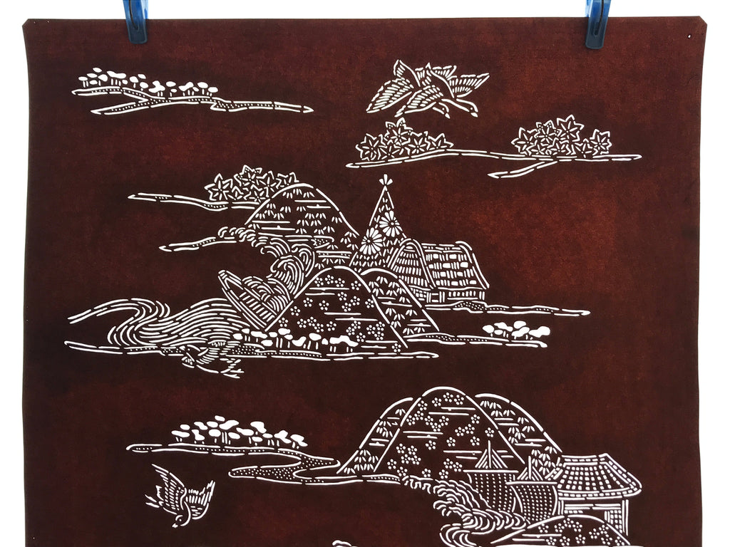Antique Japanese Katagami Kimono Paper Stencil Mountain Village Bird 4Y485