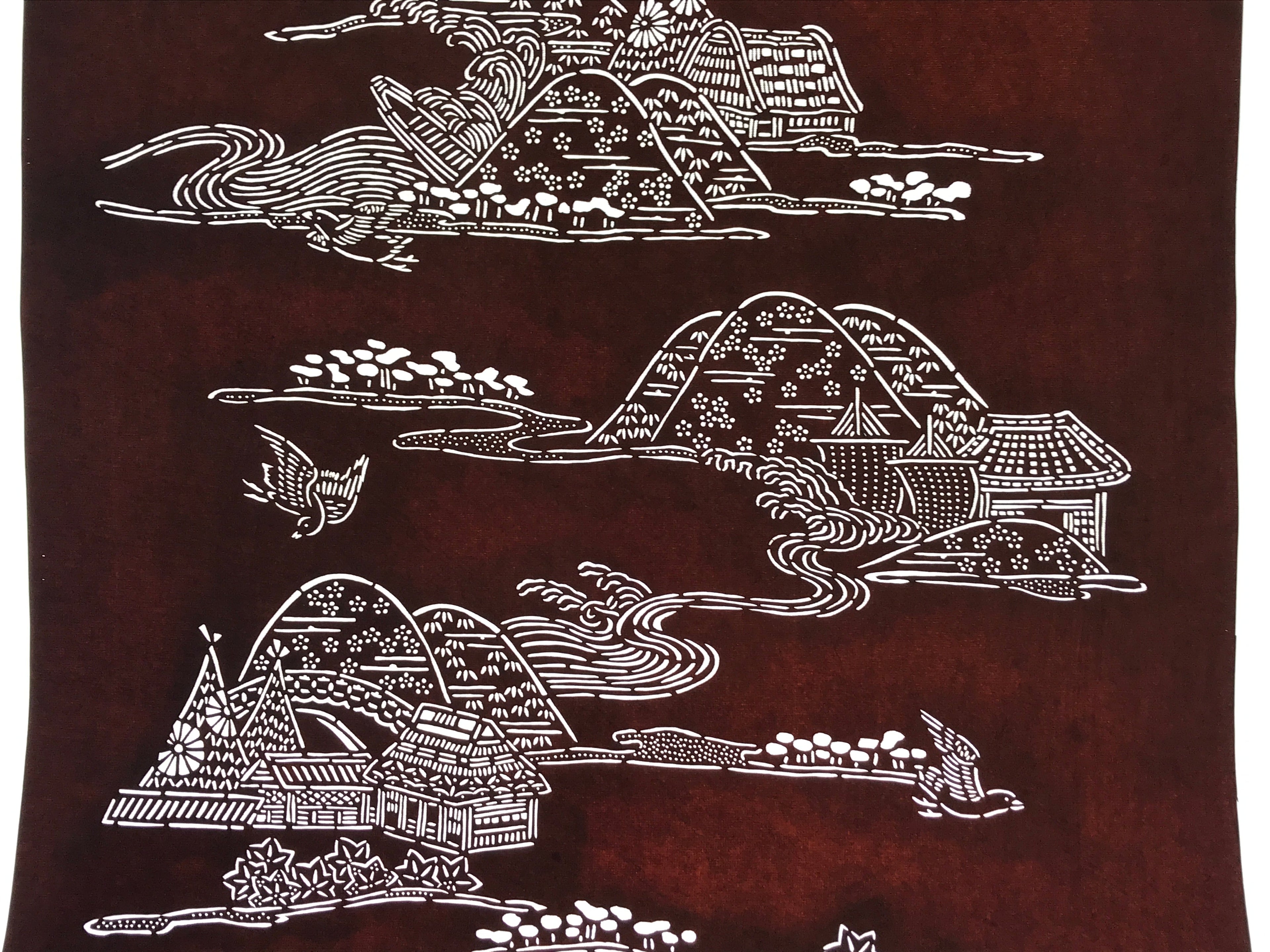 Antique Japanese Katagami Kimono Paper Stencil Mountain Village Bird 4Y485