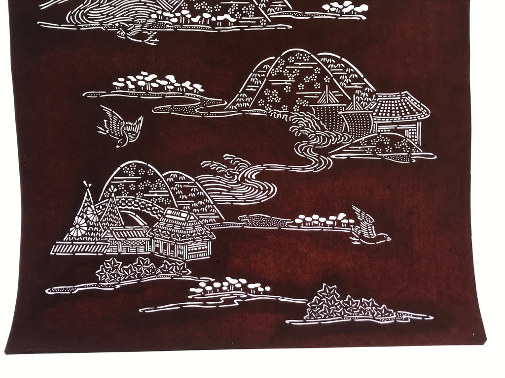 Antique Japanese Katagami Kimono Paper Stencil Mountain Village Bird 4Y485