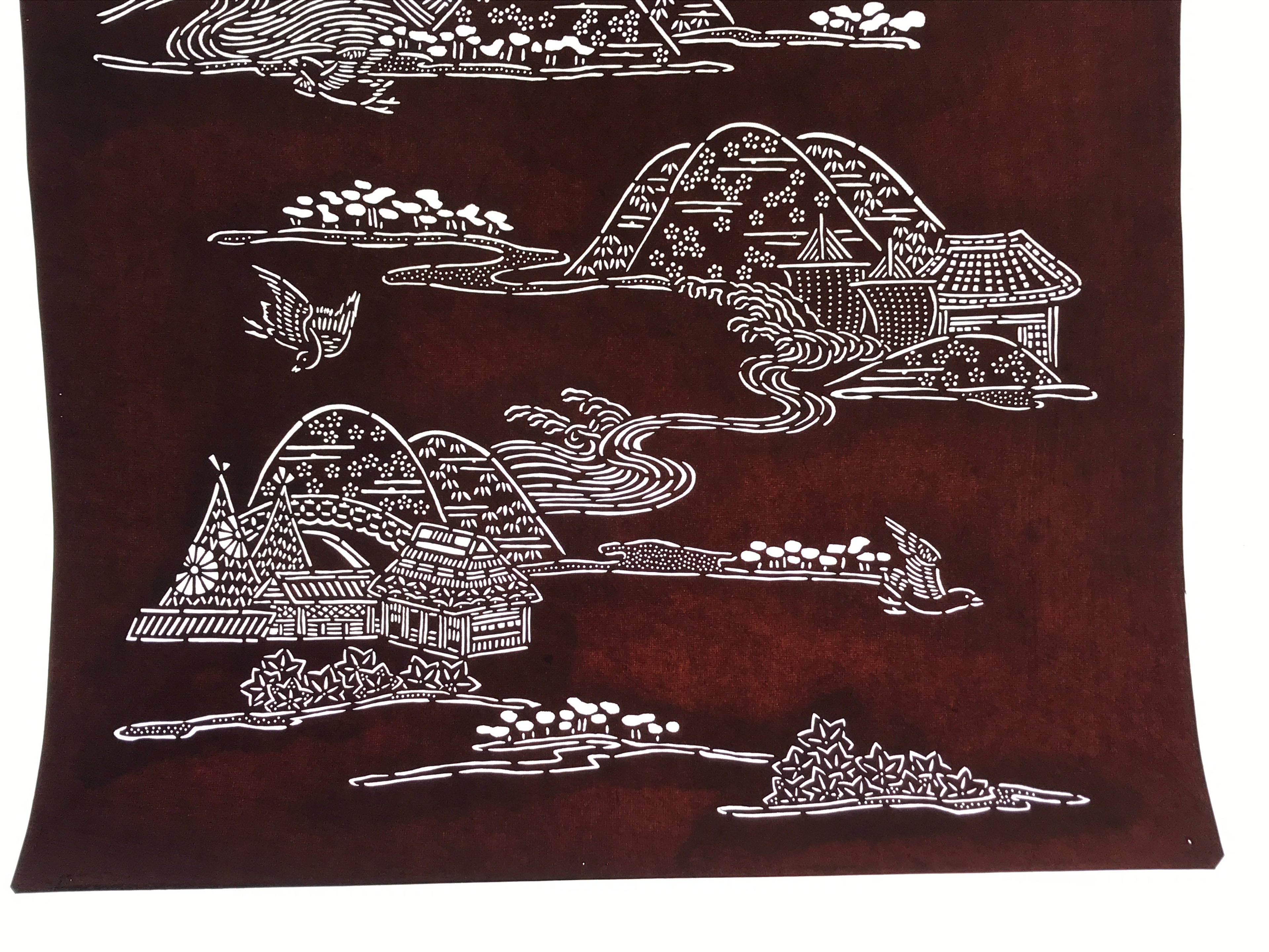 Antique Japanese Katagami Kimono Paper Stencil Mountain Village Bird 4Y485