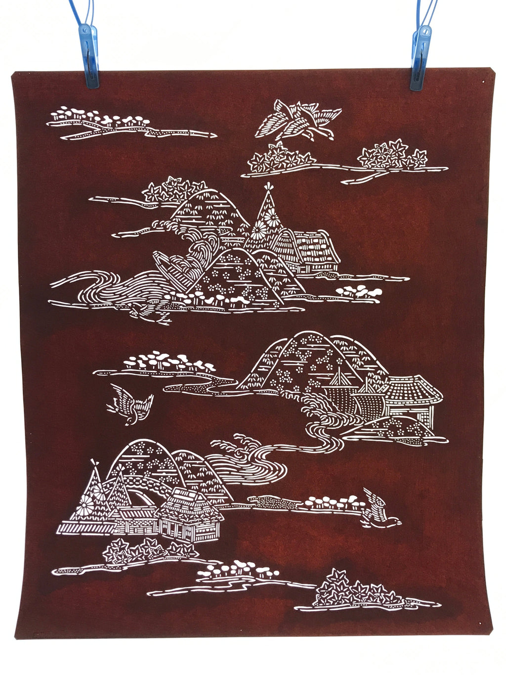 Antique Japanese Katagami Kimono Paper Stencil Mountain Village Bird 4Y485