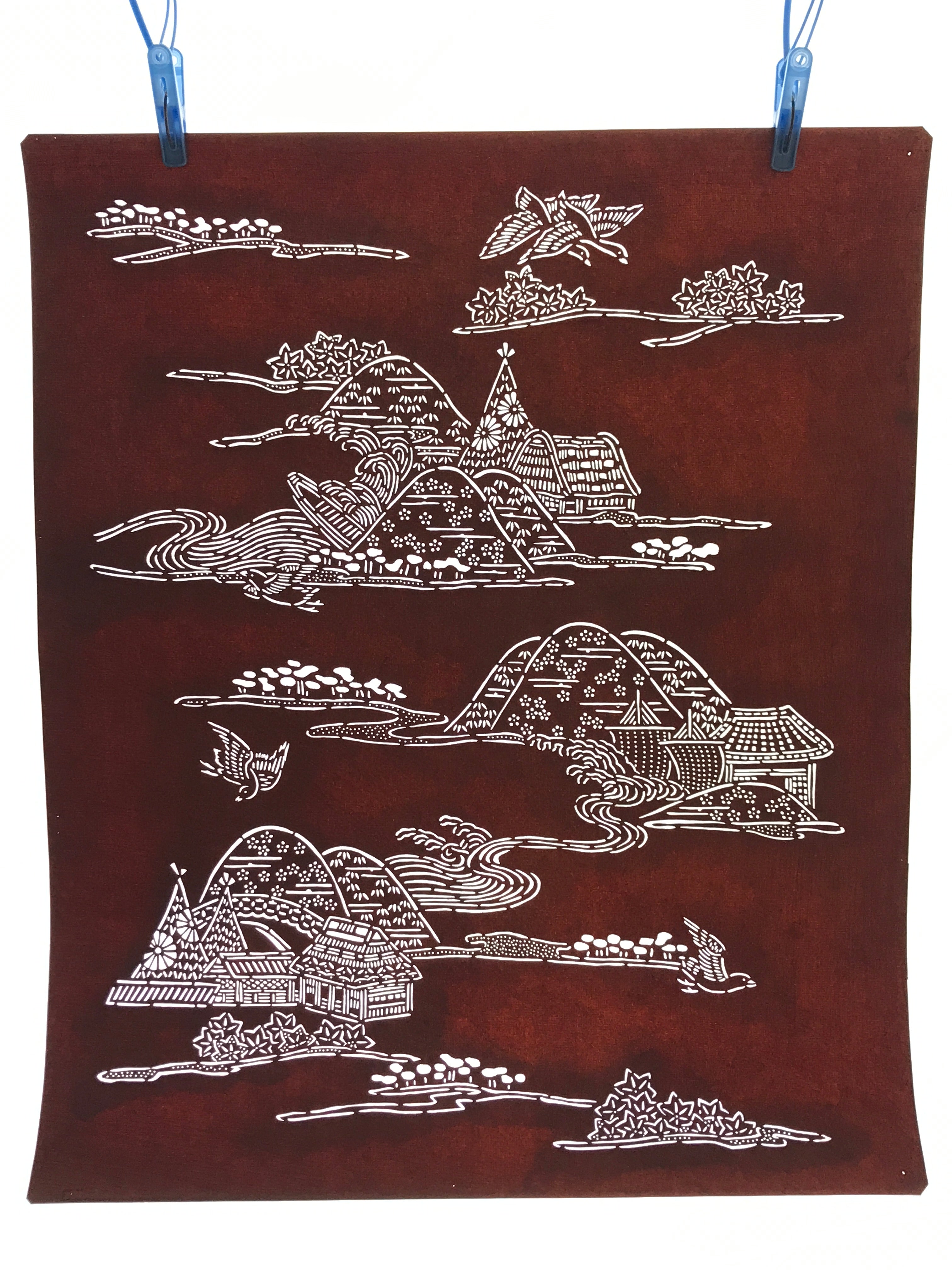 Antique Japanese Katagami Kimono Paper Stencil Mountain Village Bird 4Y485