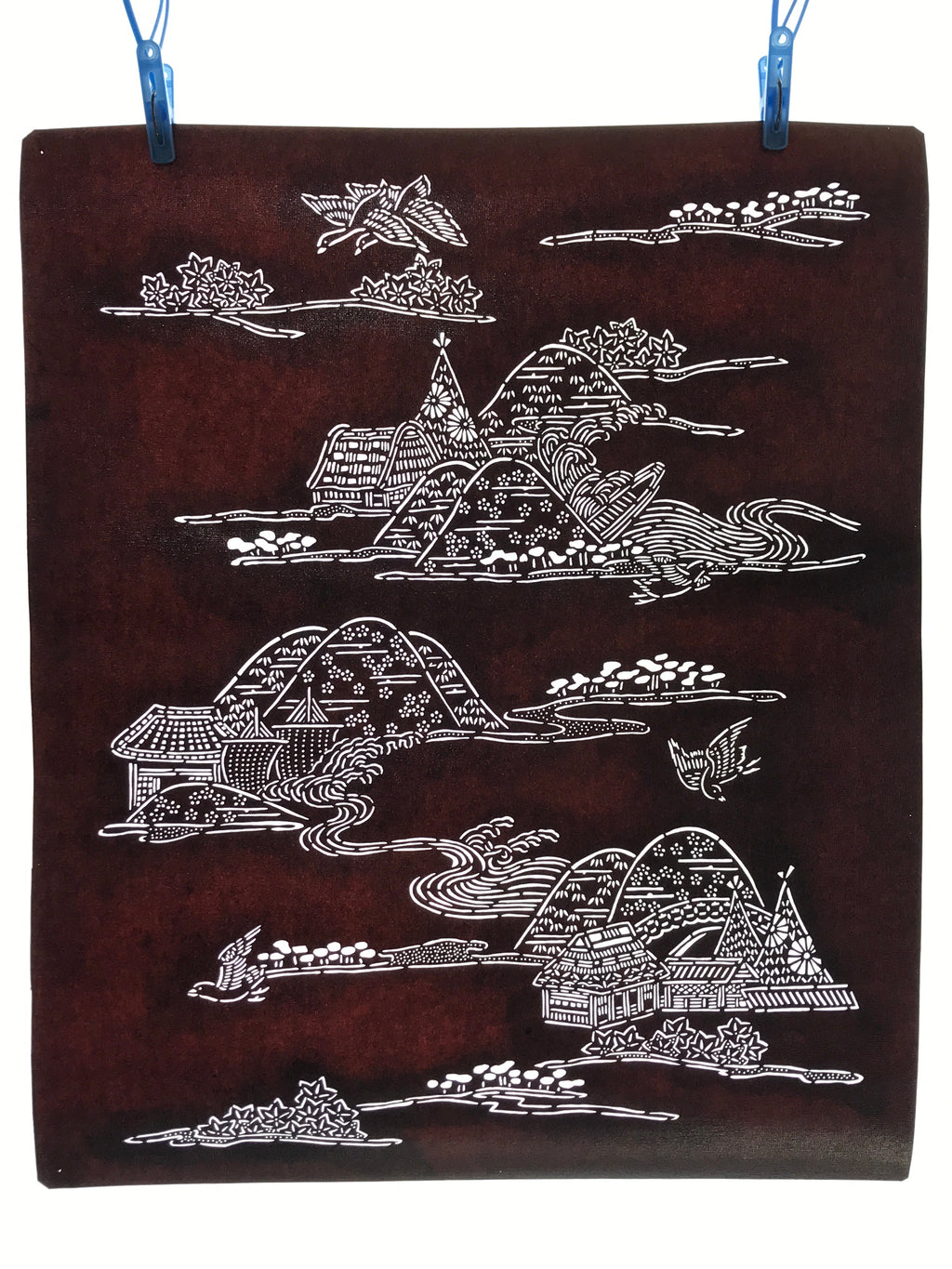 Antique Japanese Katagami Kimono Paper Stencil Mountain Village Bird 4Y485