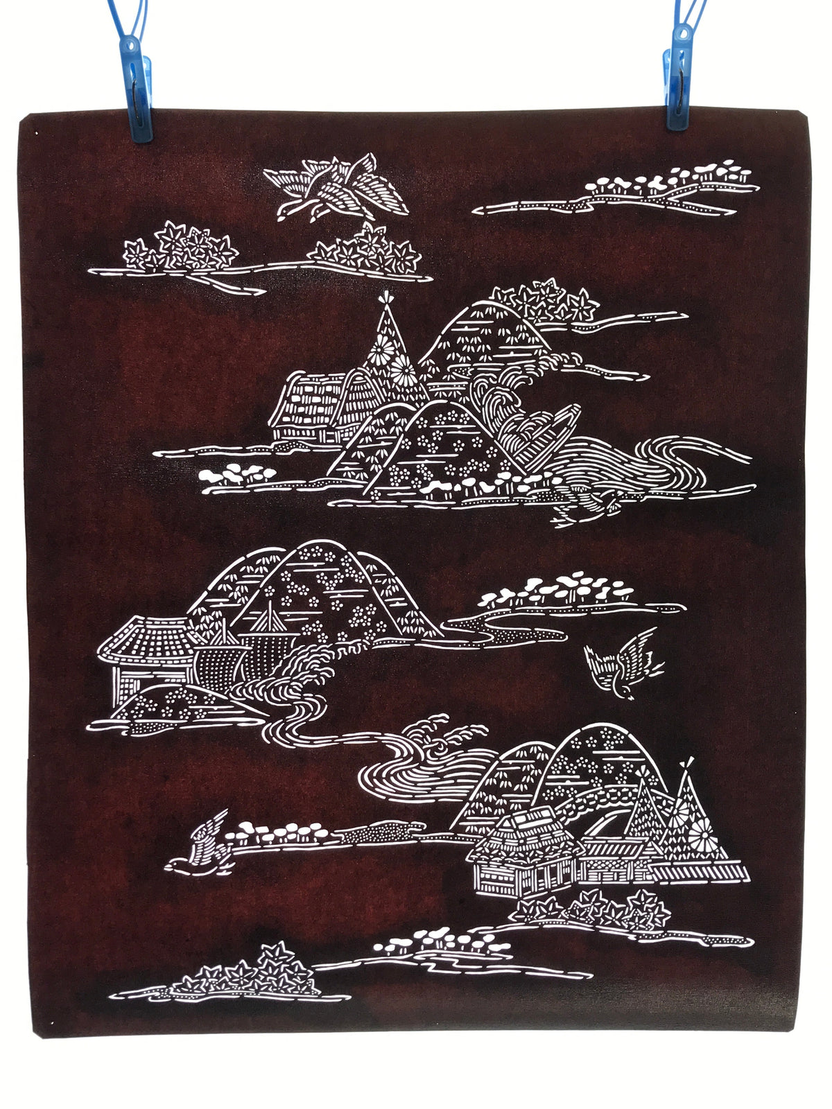 Antique Japanese Katagami Kimono Paper Stencil Mountain Village Bird 4Y485