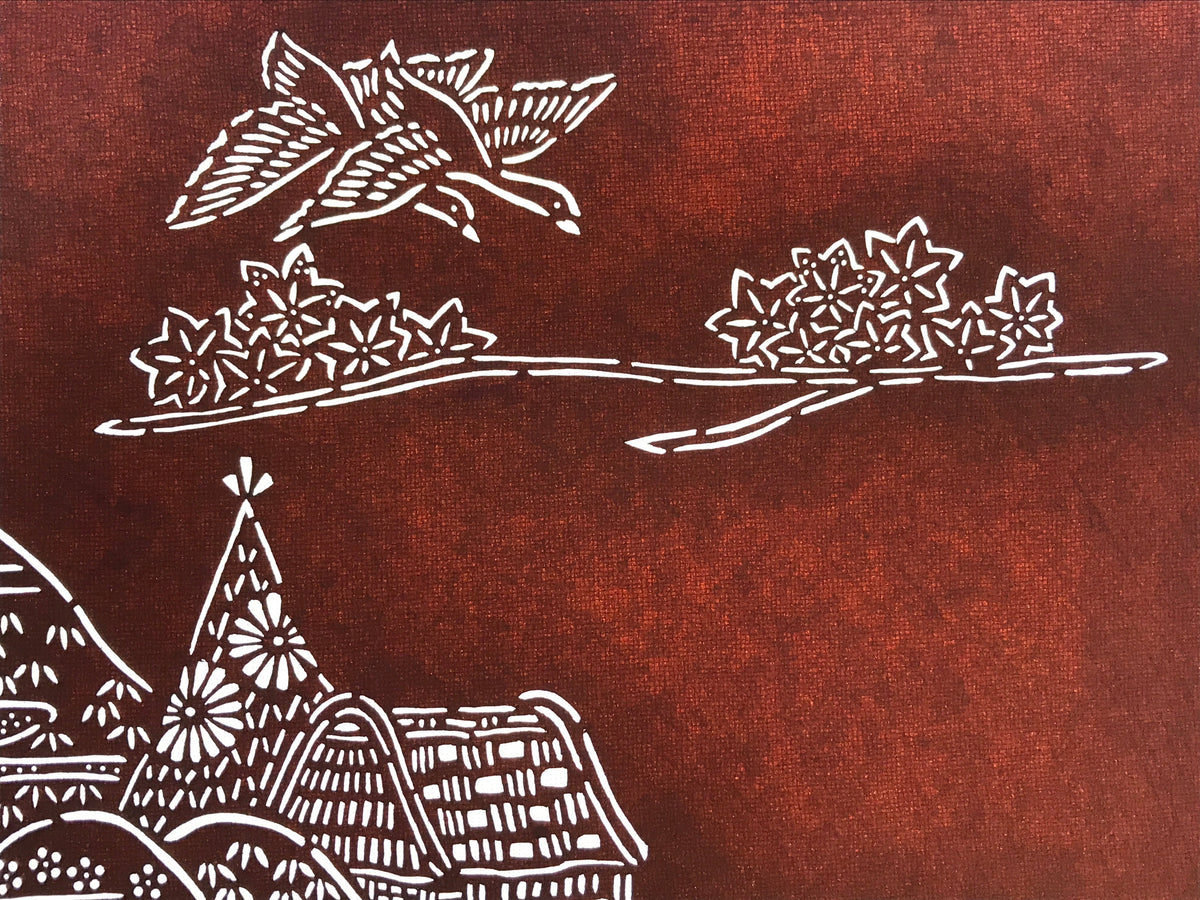 Antique Japanese Katagami Kimono Paper Stencil Mountain Village Bird 4Y485